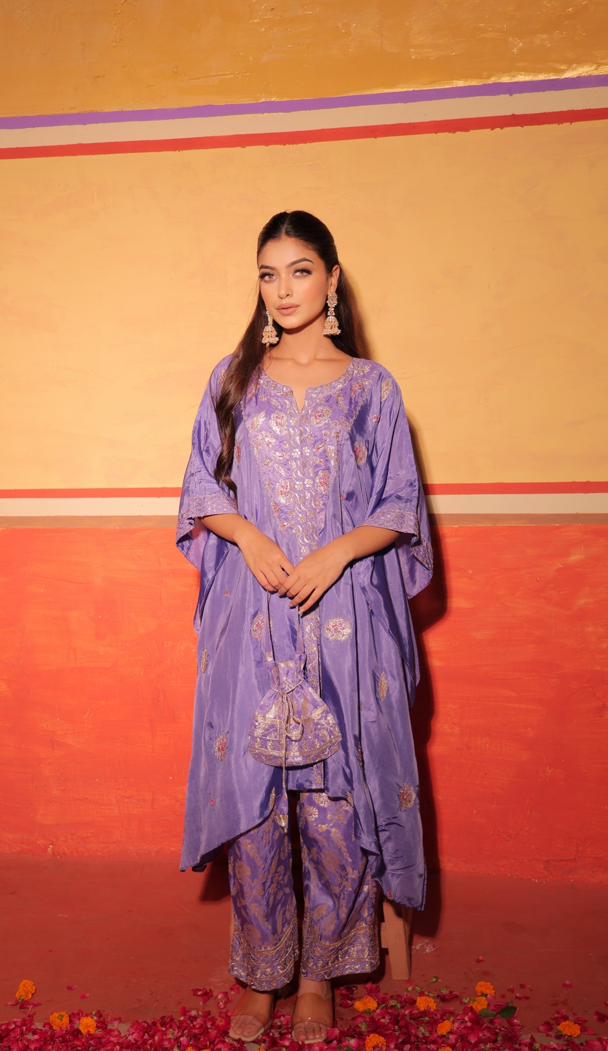 Lavender Blue Hand-Embroidered Kaftan Set with Brocade Bottoms – Utsavya'24