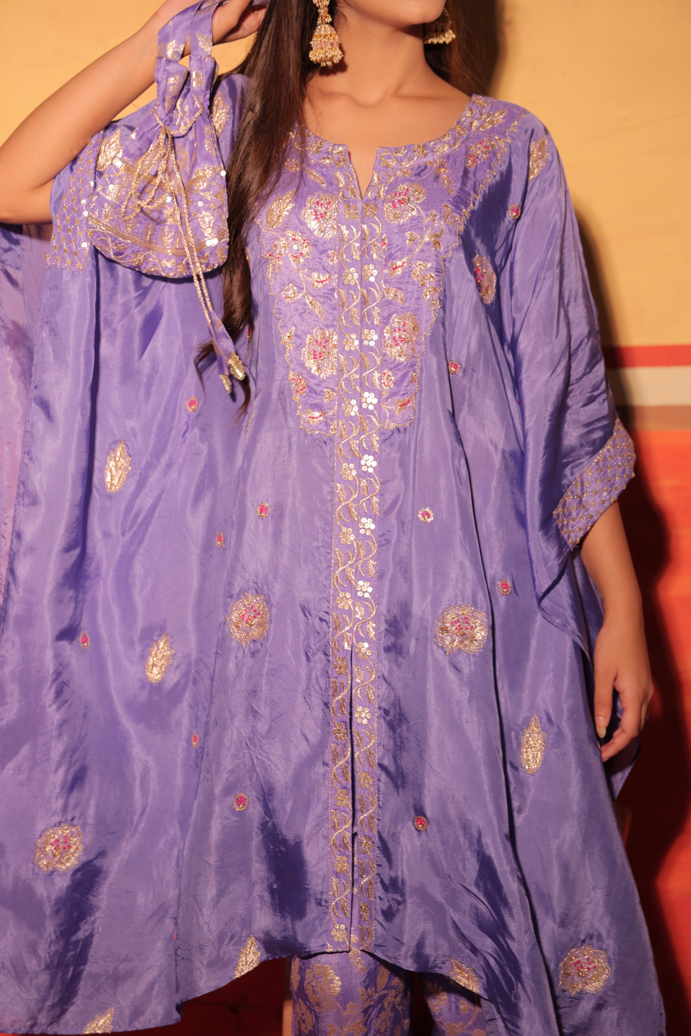 Lavender Blue Hand-Embroidered Kaftan Set with Brocade Bottoms – Utsavya'24