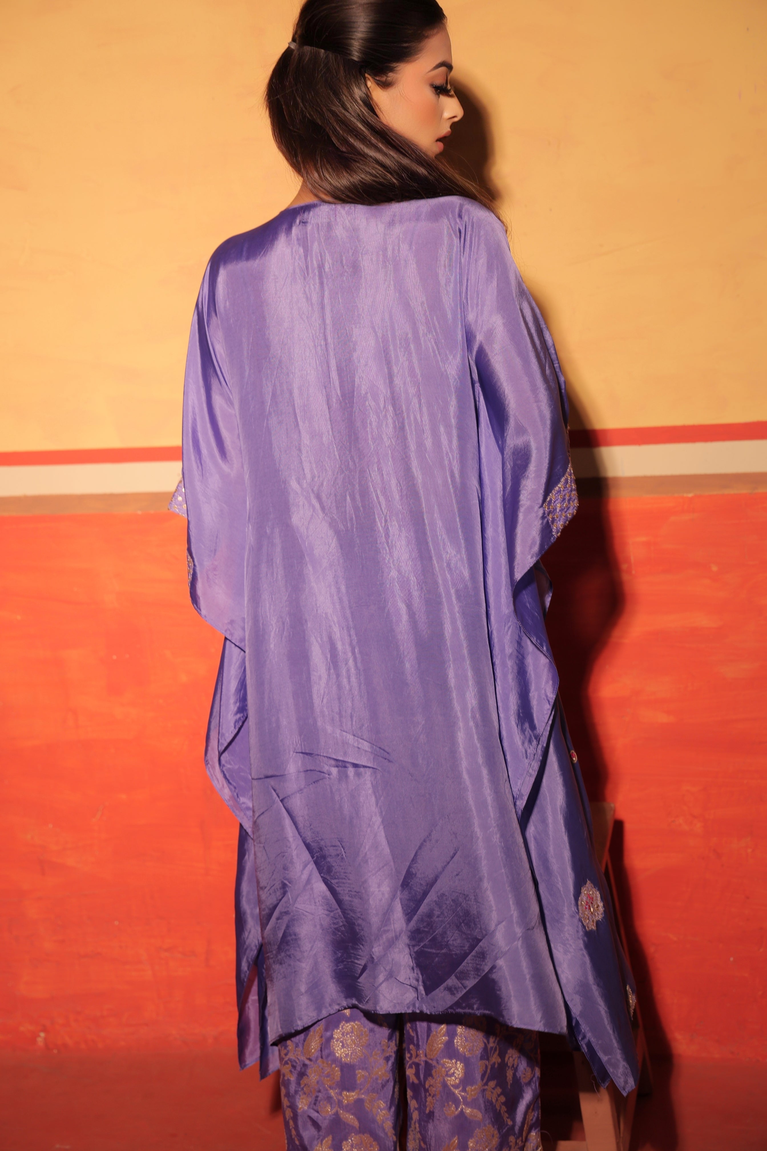 Lavender Blue Hand-Embroidered Kaftan Set with Brocade Bottoms – Utsavya'24