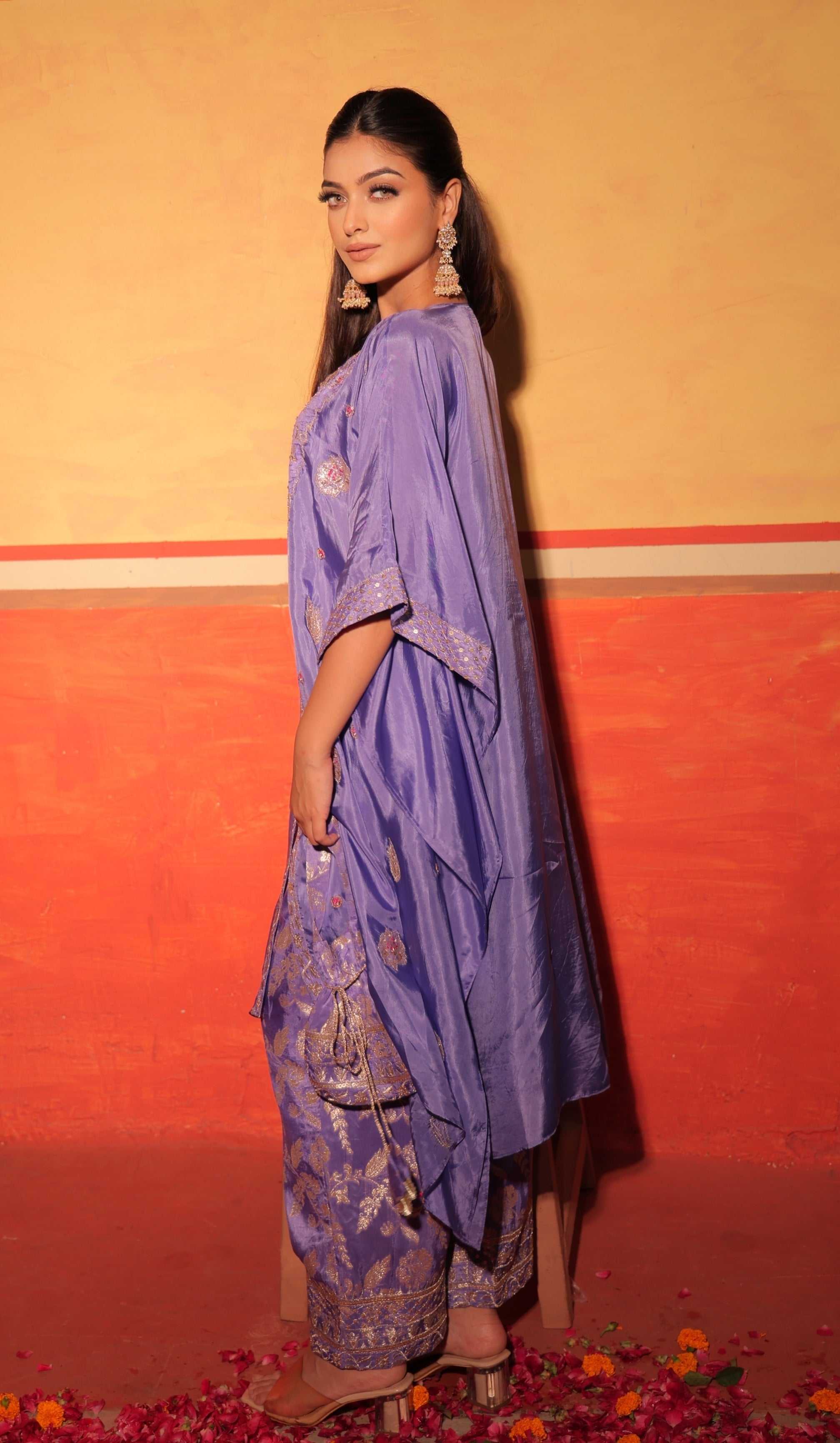 Lavender Blue Hand-Embroidered Kaftan Set with Brocade Bottoms – Utsavya'24