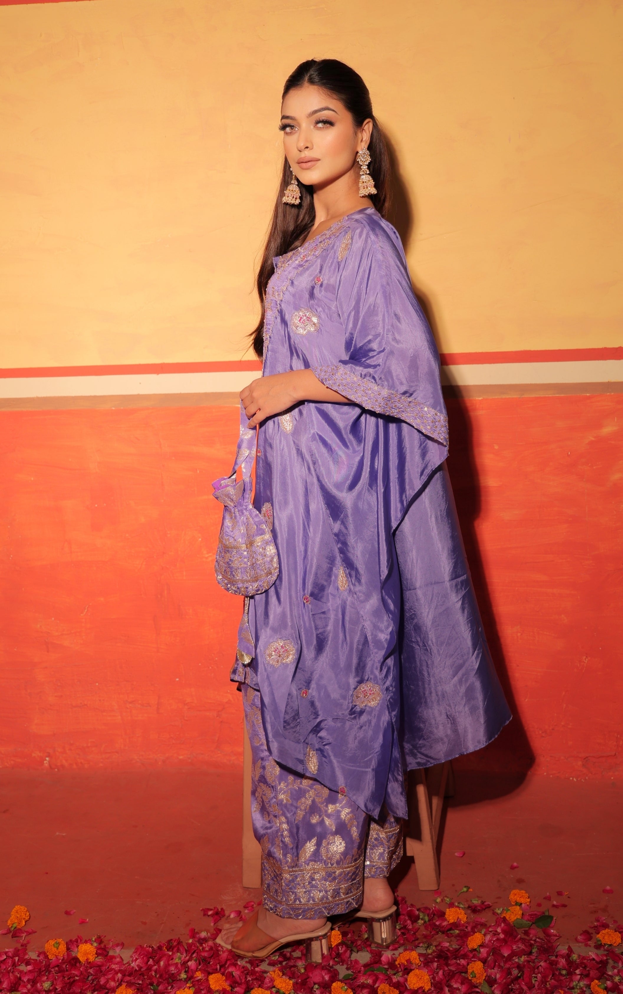 Lavender Blue Hand-Embroidered Kaftan Set with Brocade Bottoms – Utsavya'24