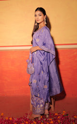 Lavender Blue Hand-Embroidered Kaftan Set with Brocade Bottoms – Utsavya'24