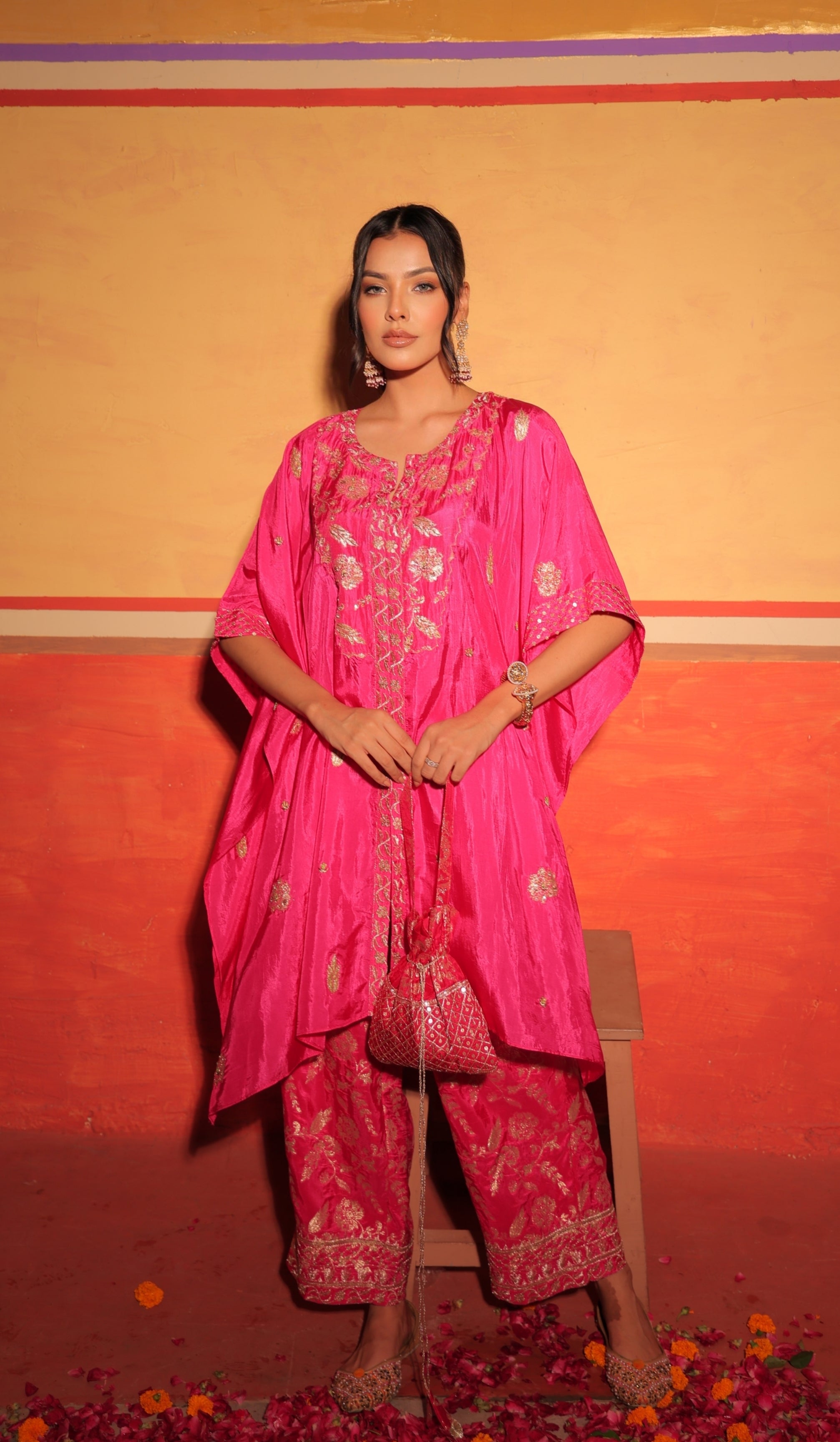 Fuchsia Pink Hand-Embroidered Kaftan Set with Brocade Bottoms – Utsavya'24