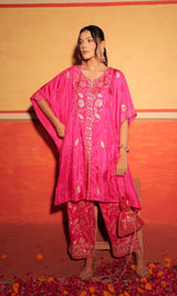 Fuchsia Pink Hand-Embroidered Kaftan Set with Brocade Bottoms – Utsavya'24