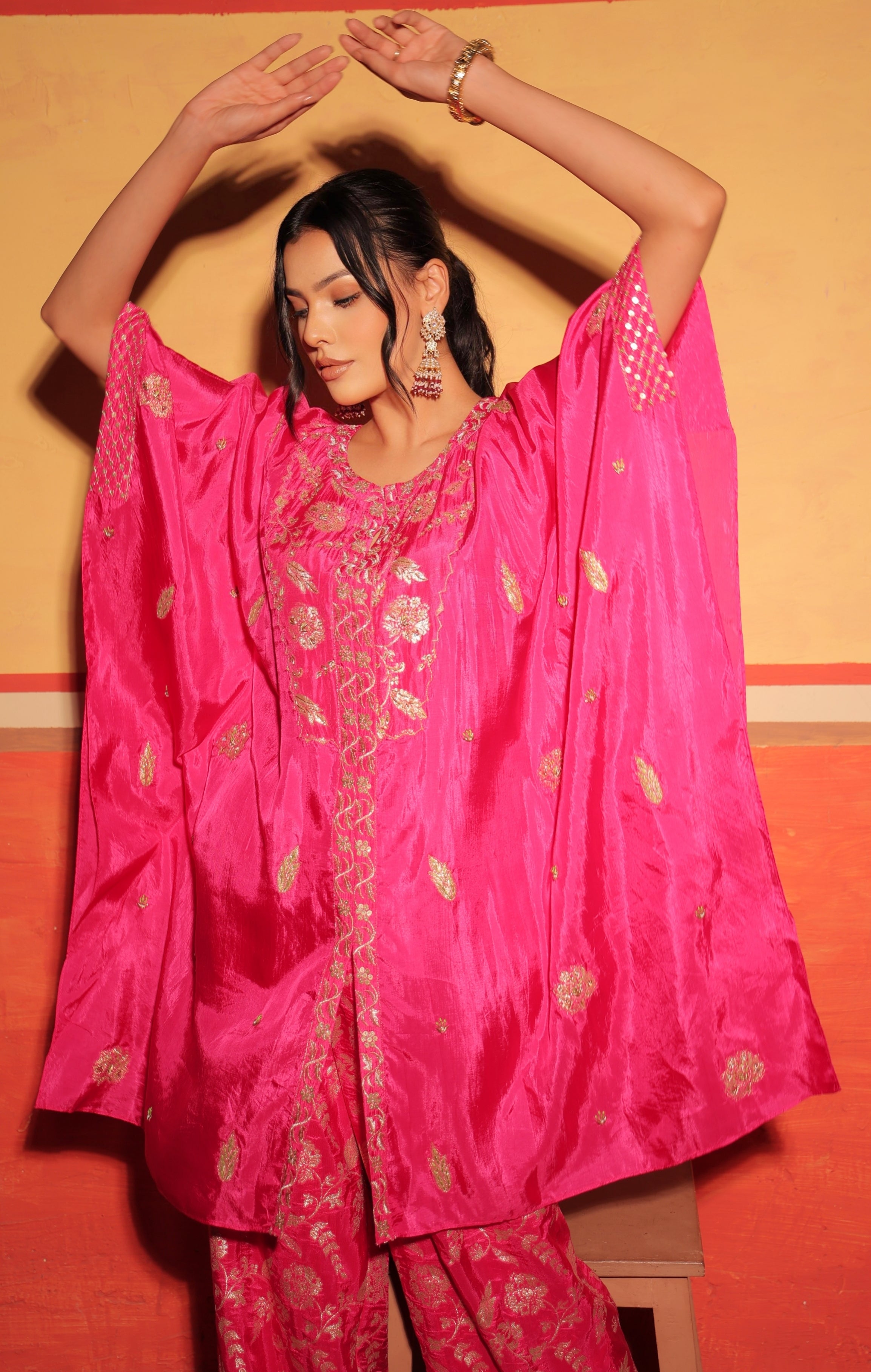 Fuchsia Pink Hand-Embroidered Kaftan Set with Brocade Bottoms – Utsavya'24