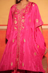 Fuchsia Pink Hand-Embroidered Kaftan Set with Brocade Bottoms – Utsavya'24