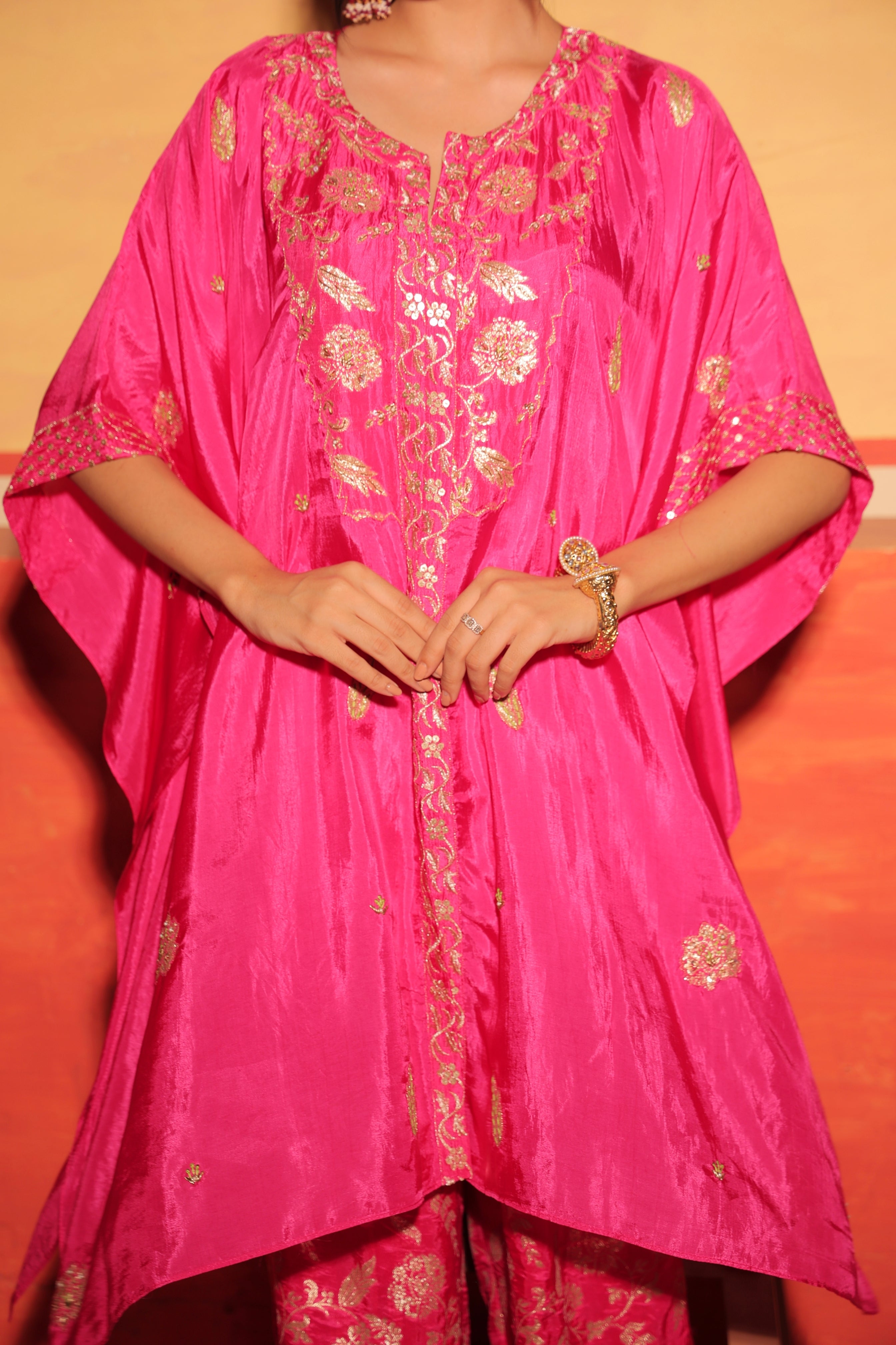 Fuchsia Pink Hand-Embroidered Kaftan Set with Brocade Bottoms – Utsavya'24