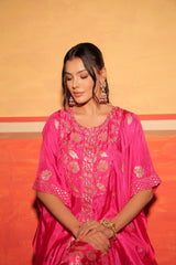 Fuchsia Pink Hand-Embroidered Kaftan Set with Brocade Bottoms – Utsavya'24