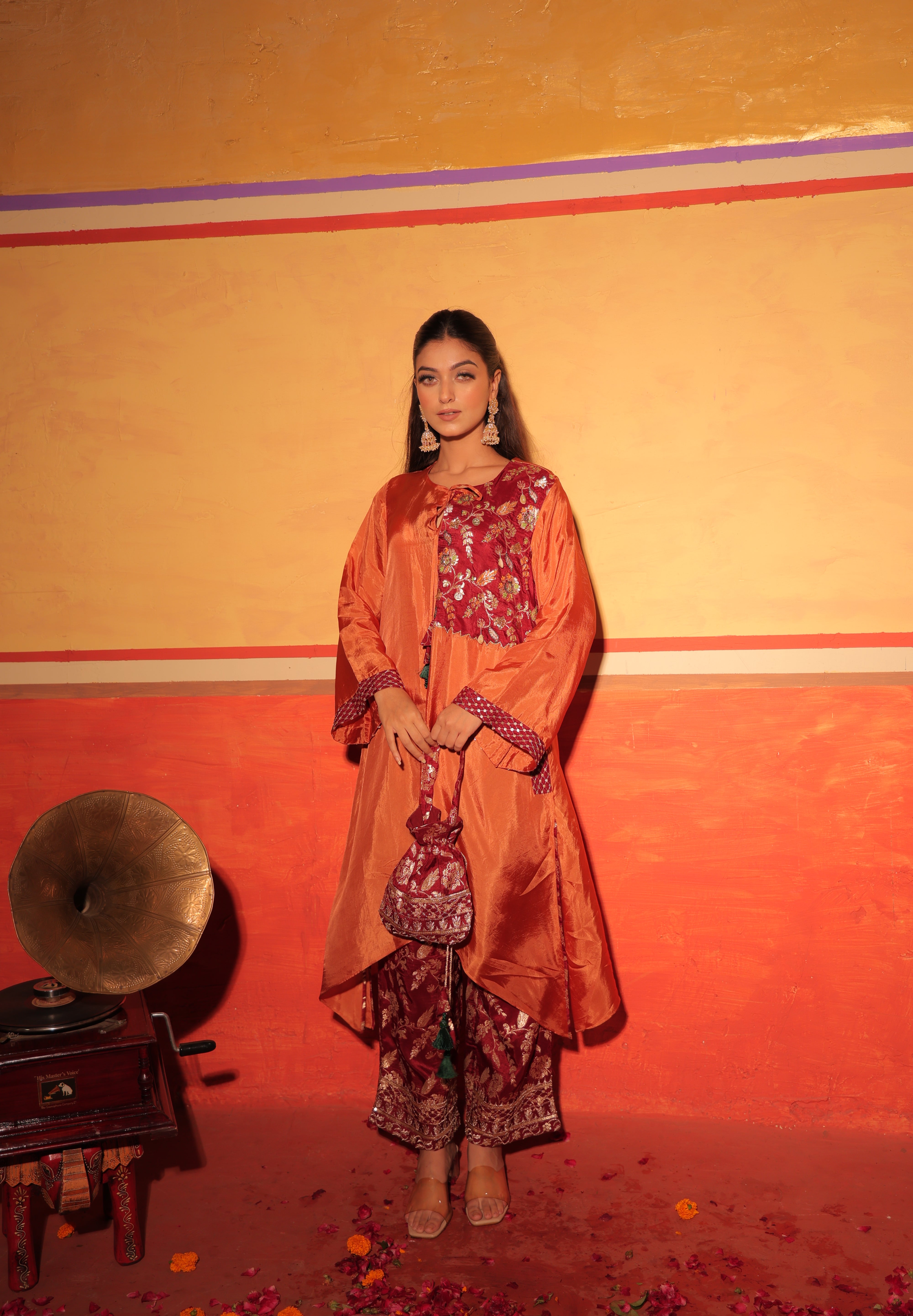 Rust Hand-Embroidered Cord Set with Maroon Brocade Bottoms