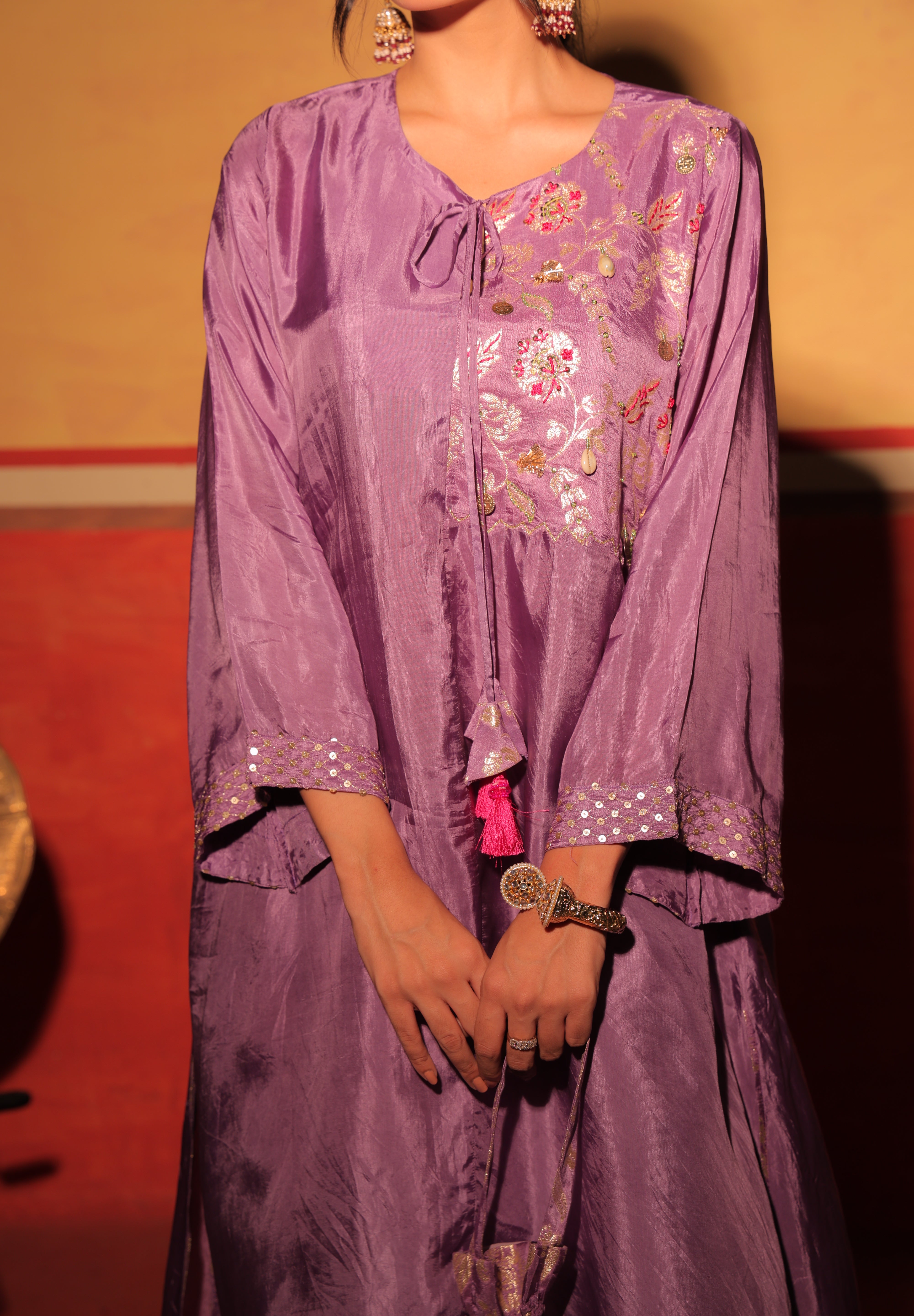 Lilac Hand-Embroidered Kaftan Set with Brocade Bottoms – Utsavya'24