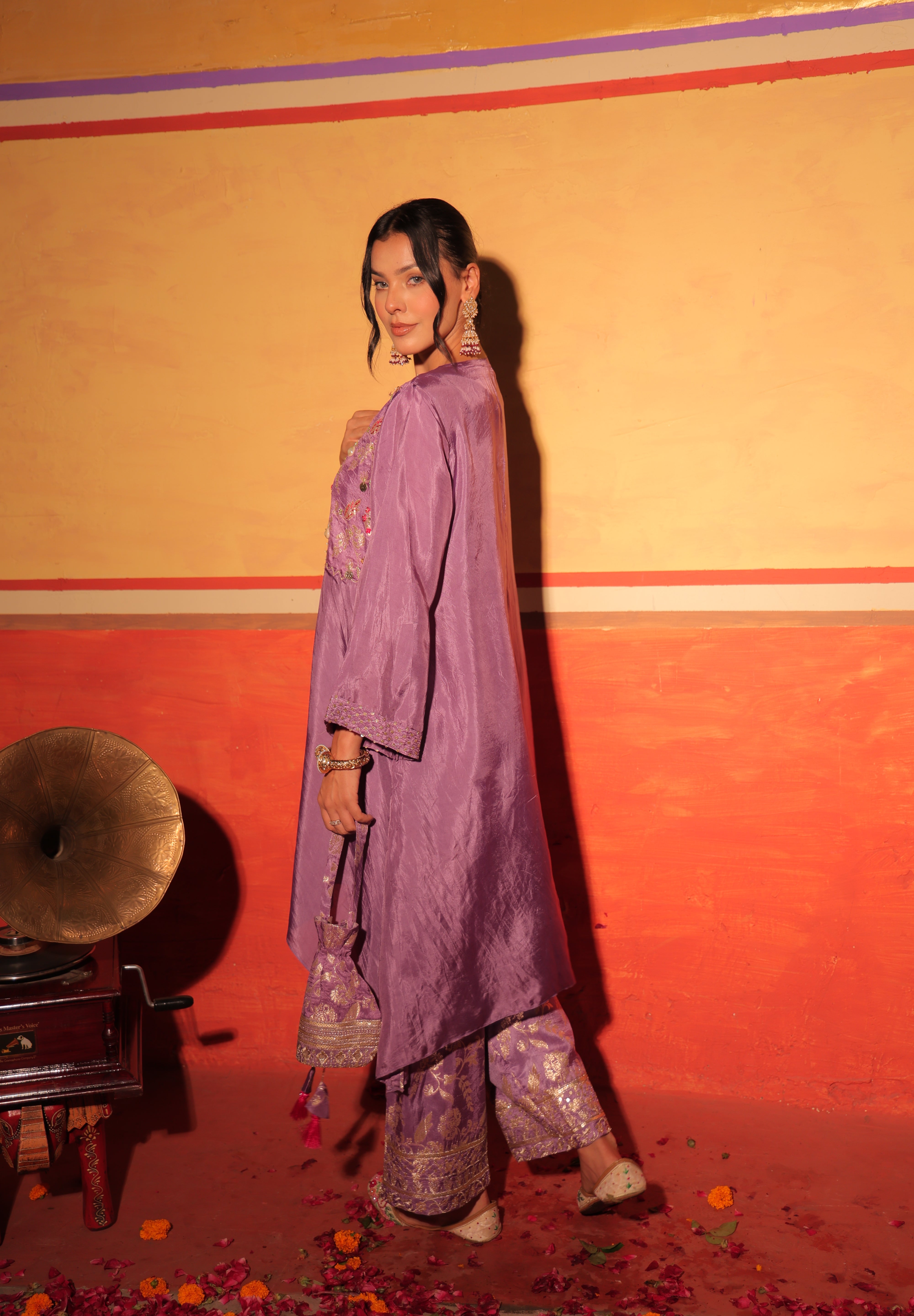 Lilac Hand-Embroidered Kaftan Set with Brocade Bottoms – Utsavya'24