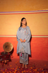 Sky Blue Hand-Embroidered Kaftan Set with Brocade Bottoms – Utsavya'24