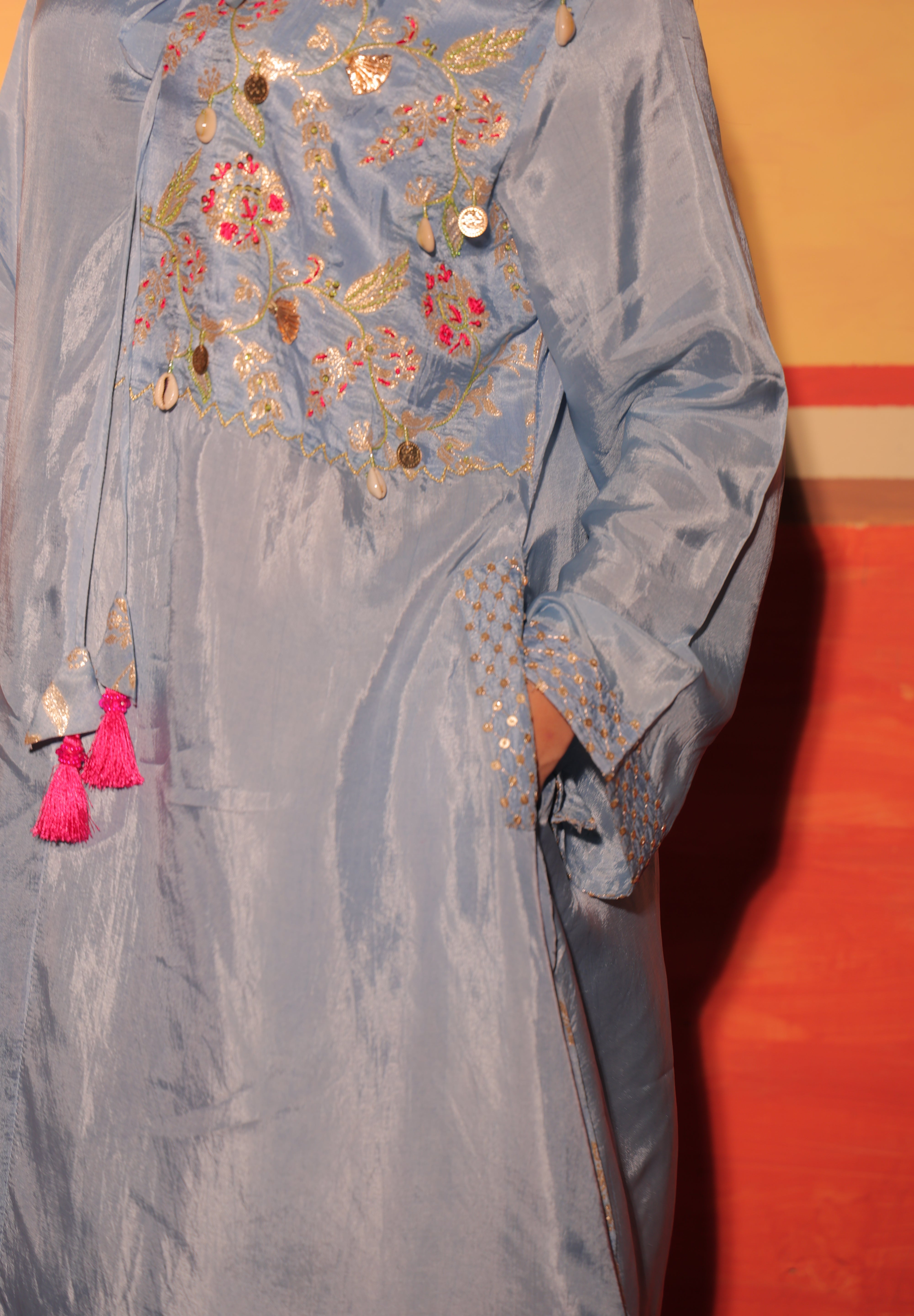 Sky Blue Hand-Embroidered Kaftan Set with Brocade Bottoms – Utsavya'24