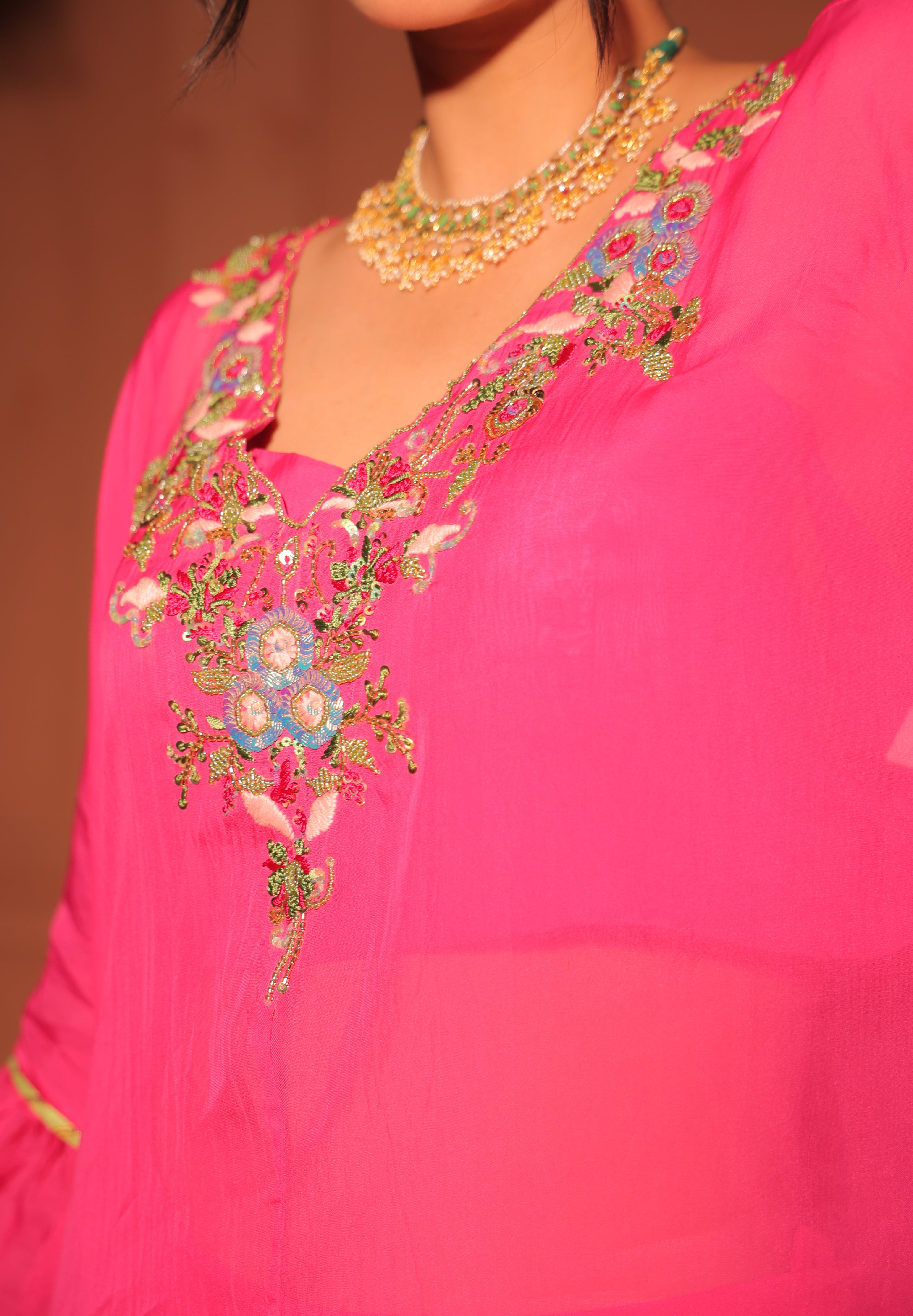 Fuchsia Pink Floral Embroidered Layered Set