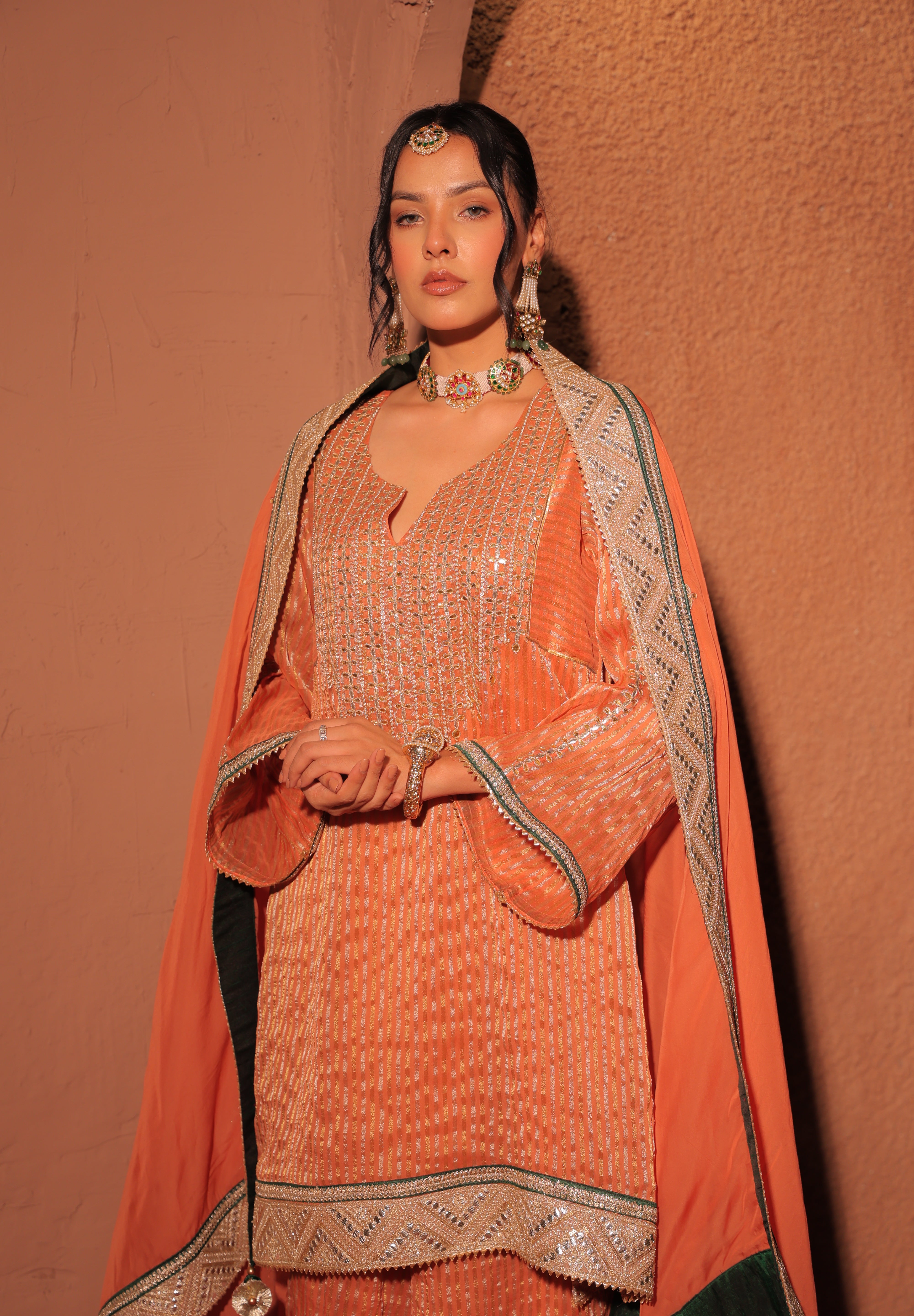 Rust Orange Hand Embroidered Kurta Set