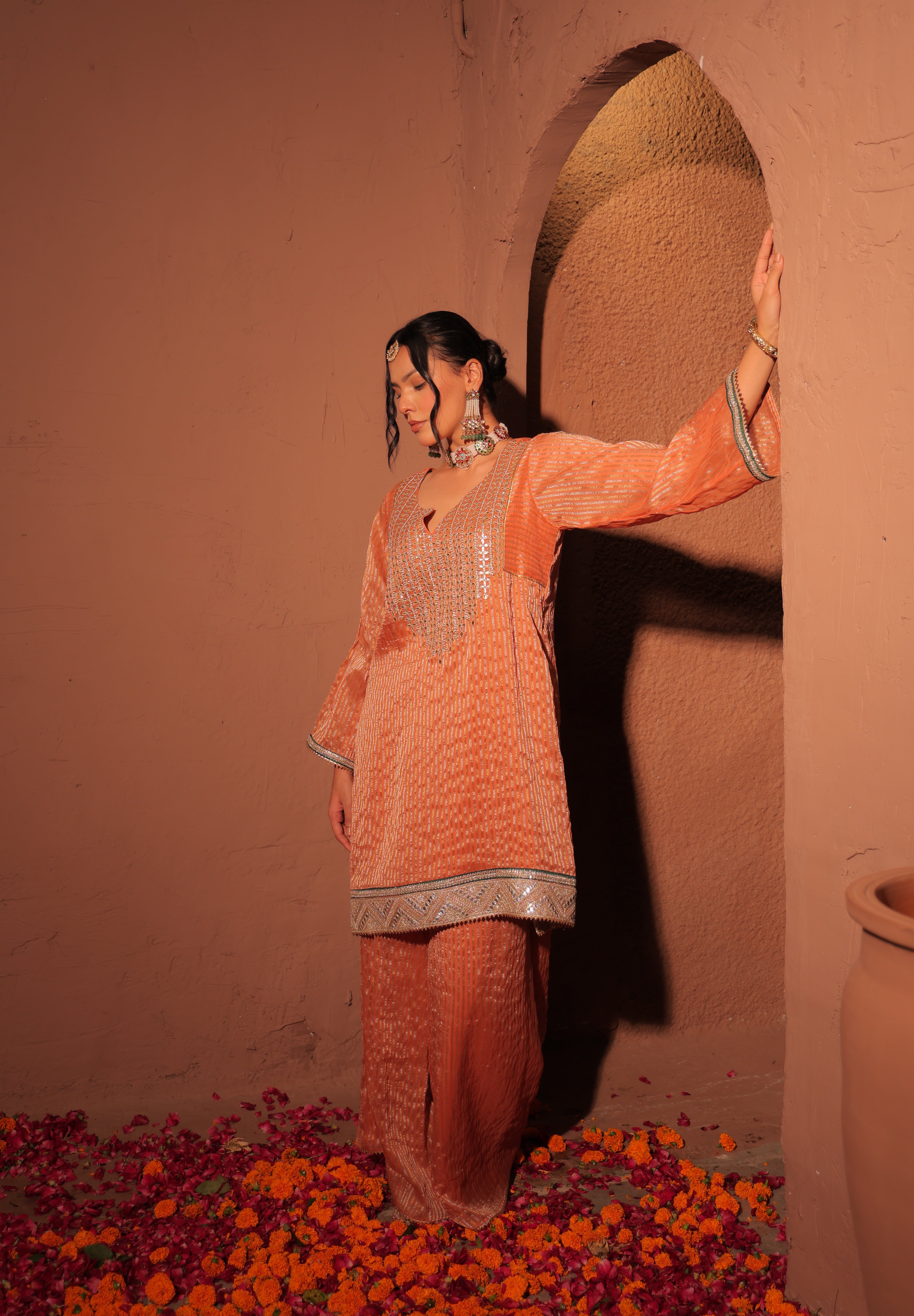 Rust Orange Hand Embroidered Kurta Set