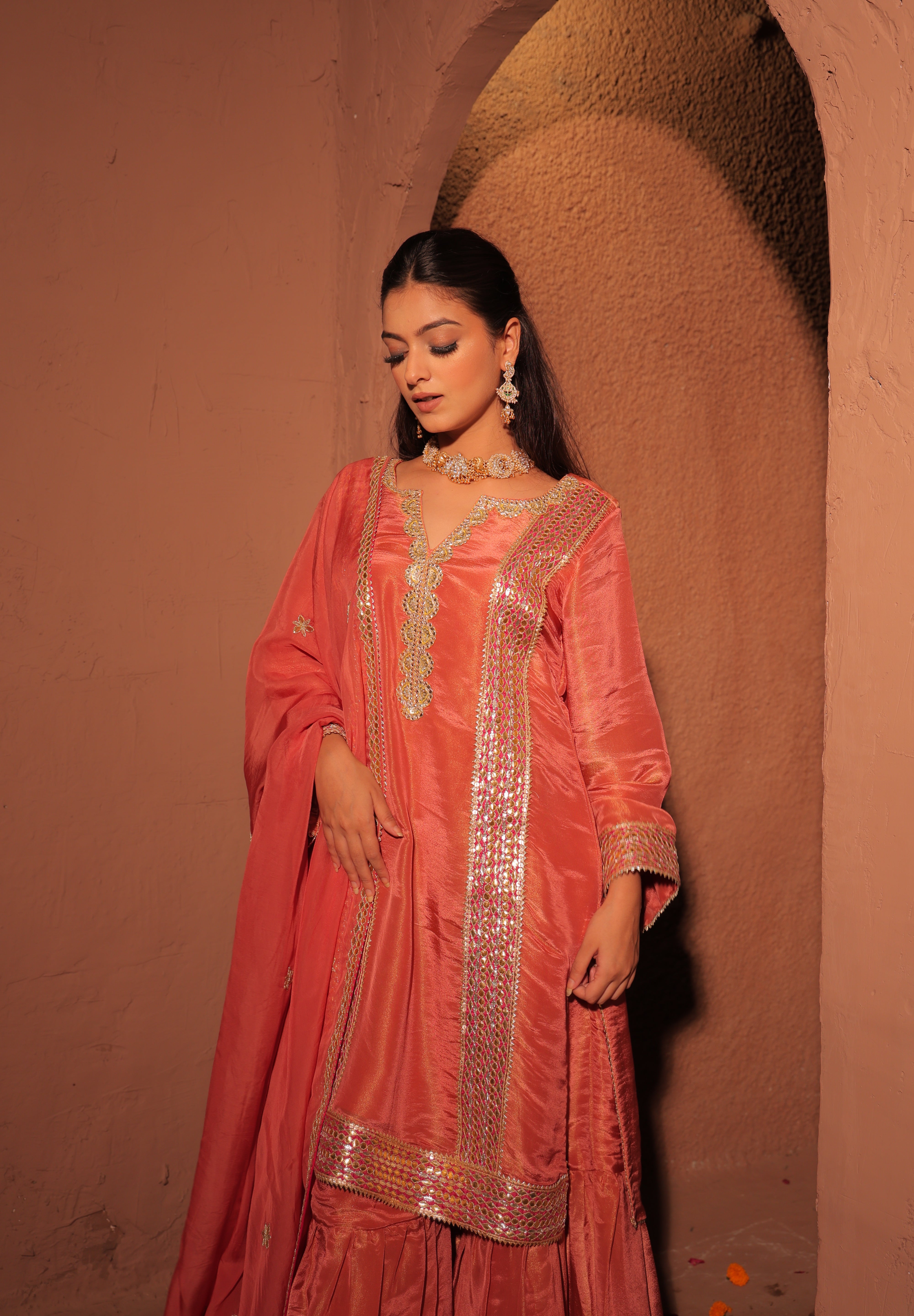 Coral Pink Gota Patti Kurta Set