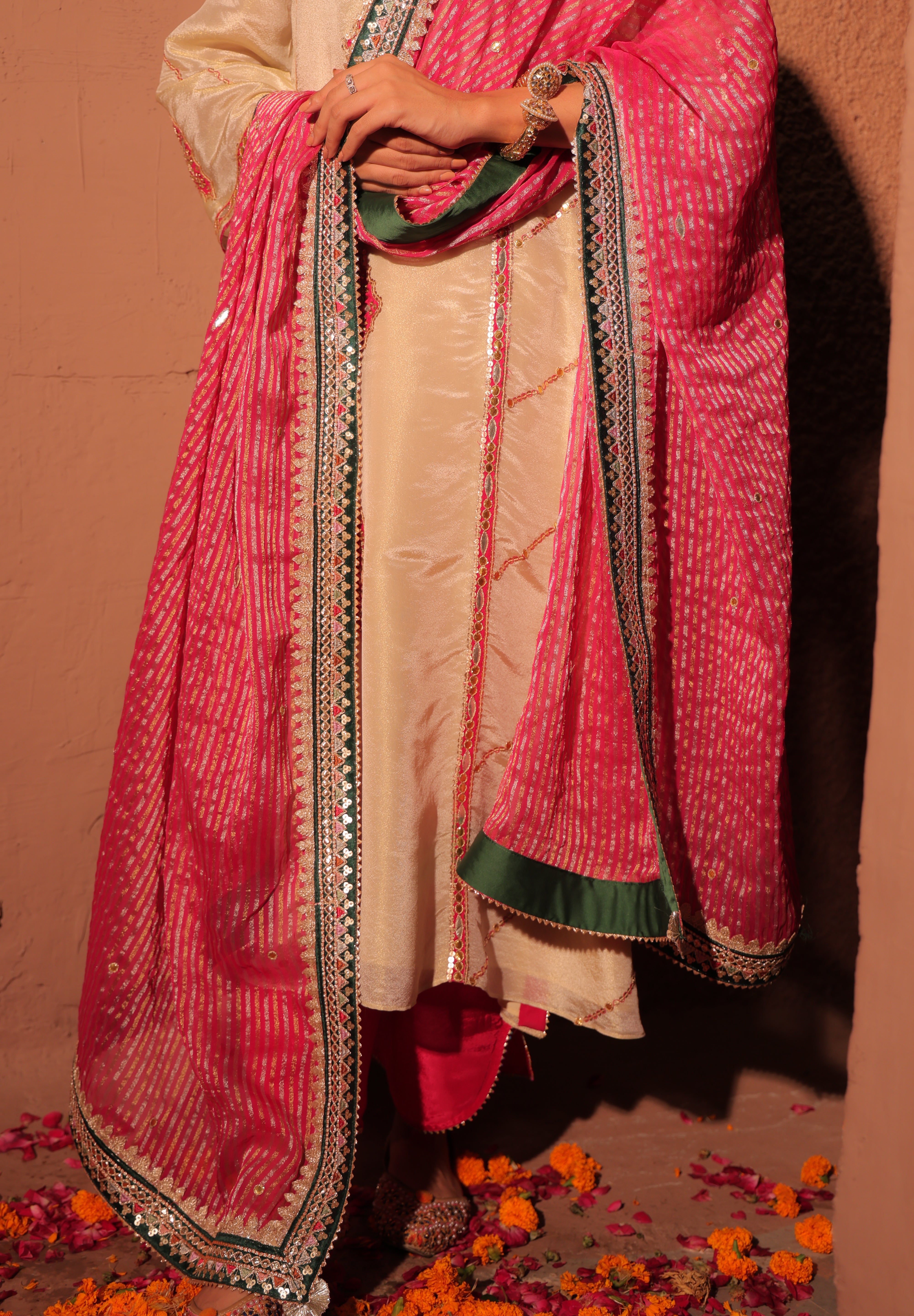 Ivory and Pink Banarasi Kurta Set