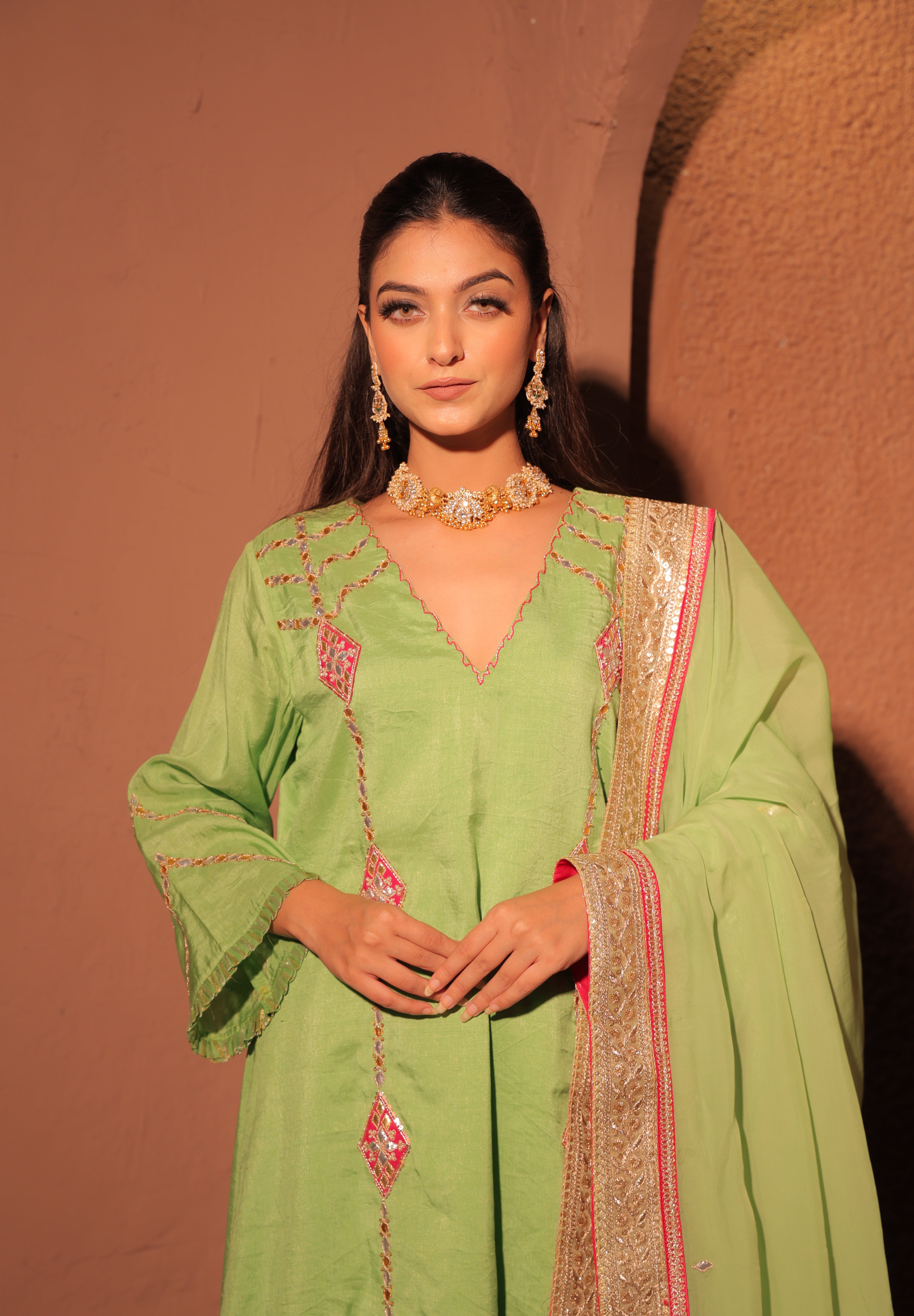 Pistachio Green Mirror Work Kurta Set