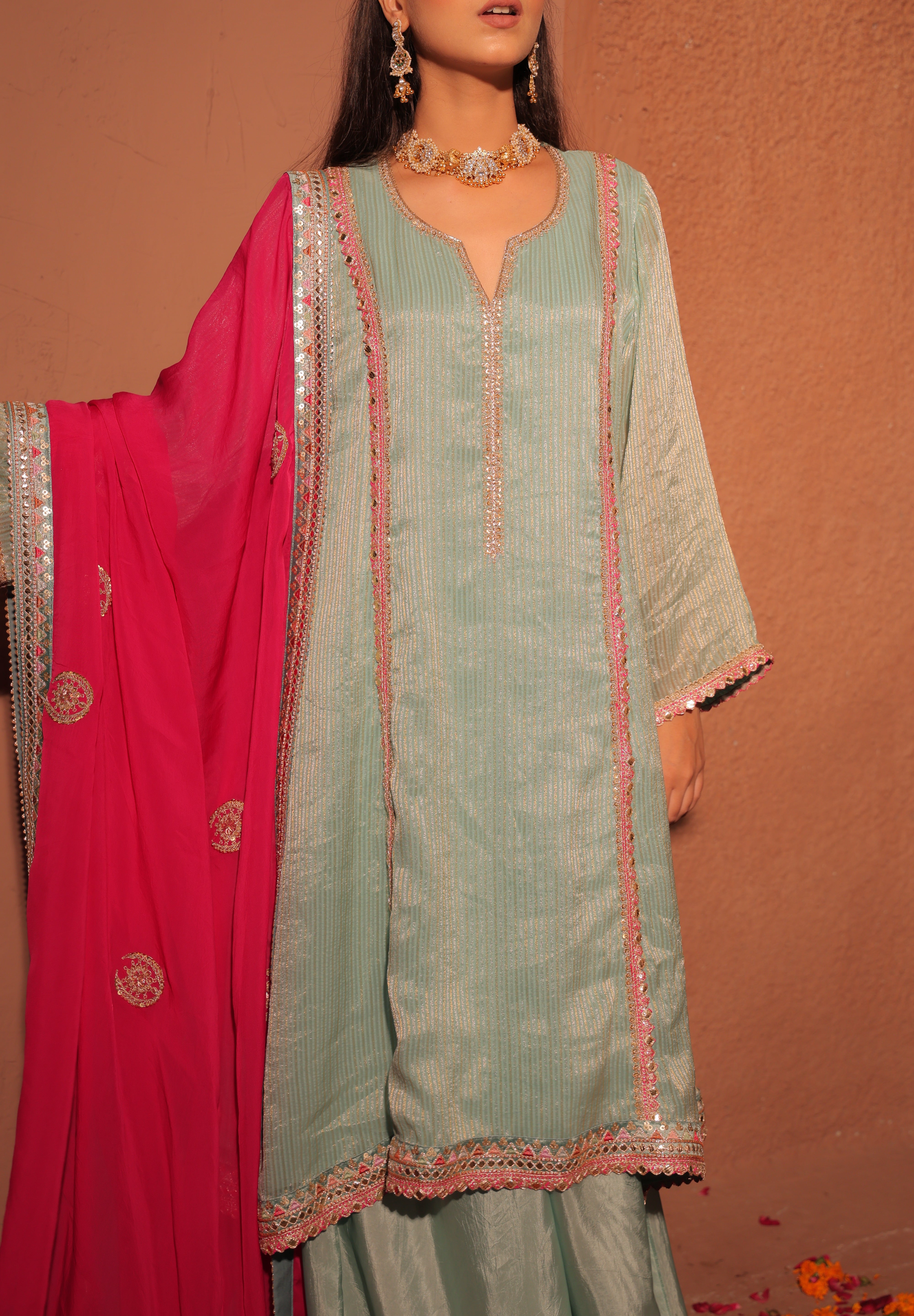 Aqua Blue and Fuchsia Kurta Set