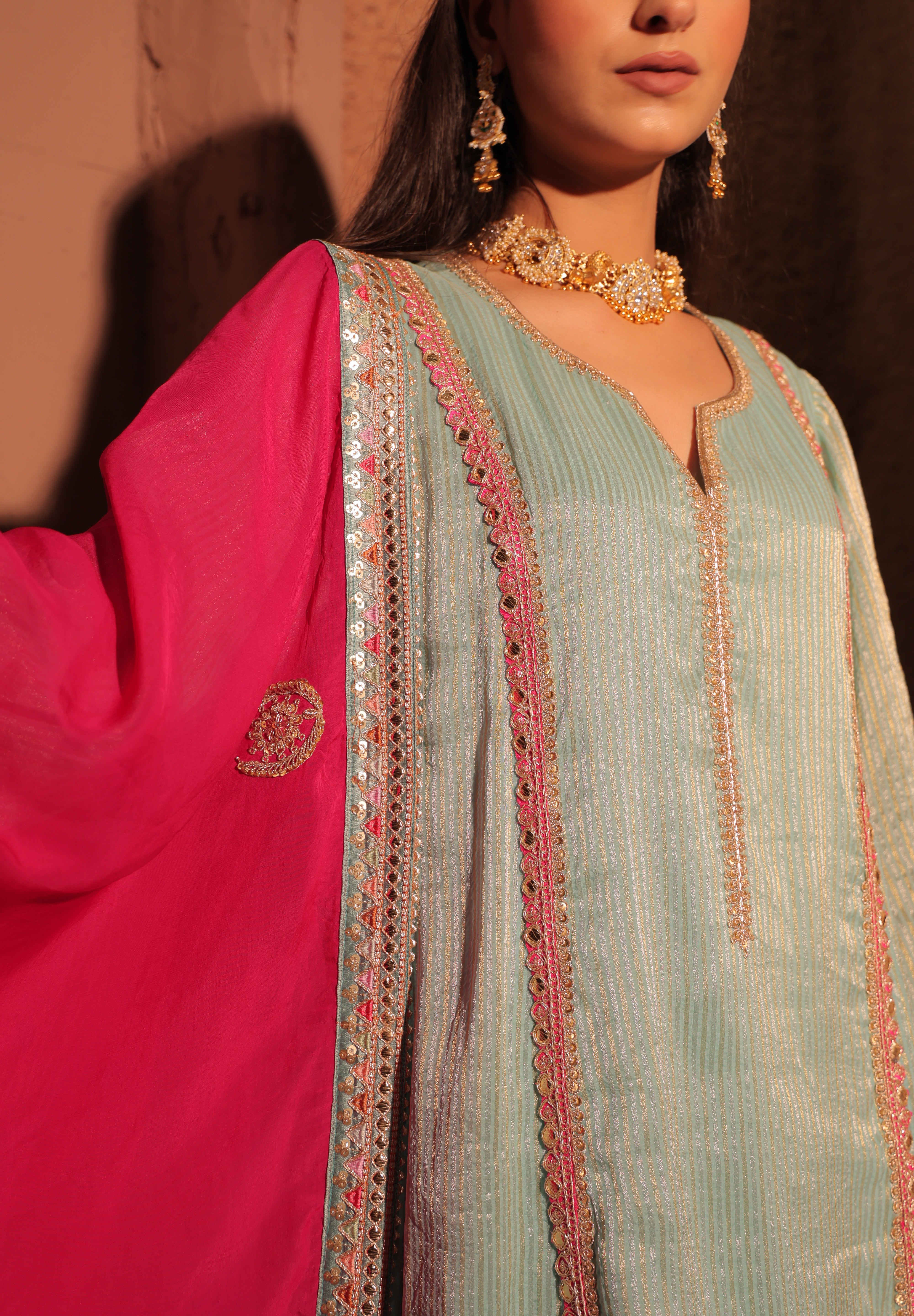 Aqua Blue and Fuchsia Kurta Set