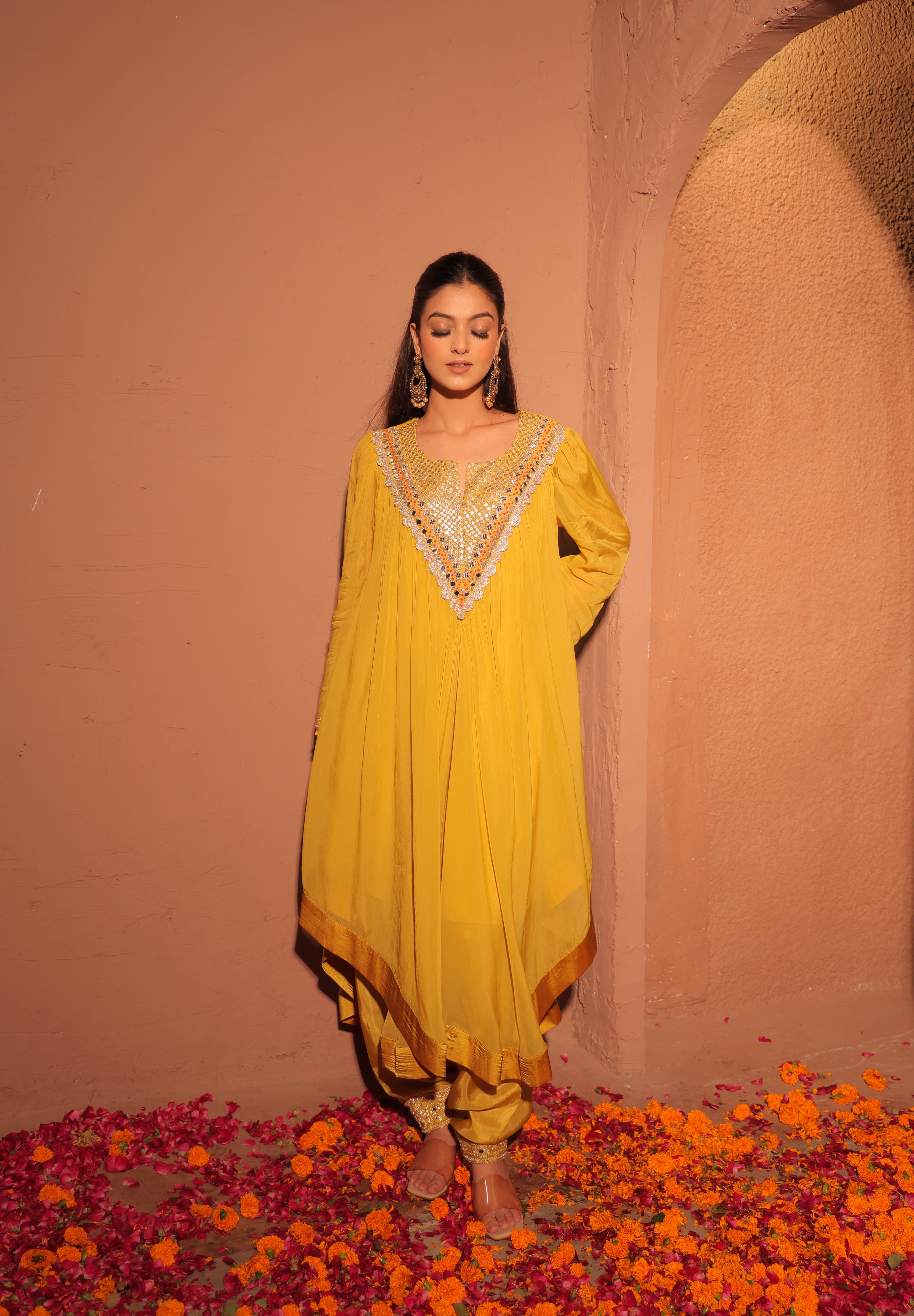 Mustard Yellow Mirror Embellished Set