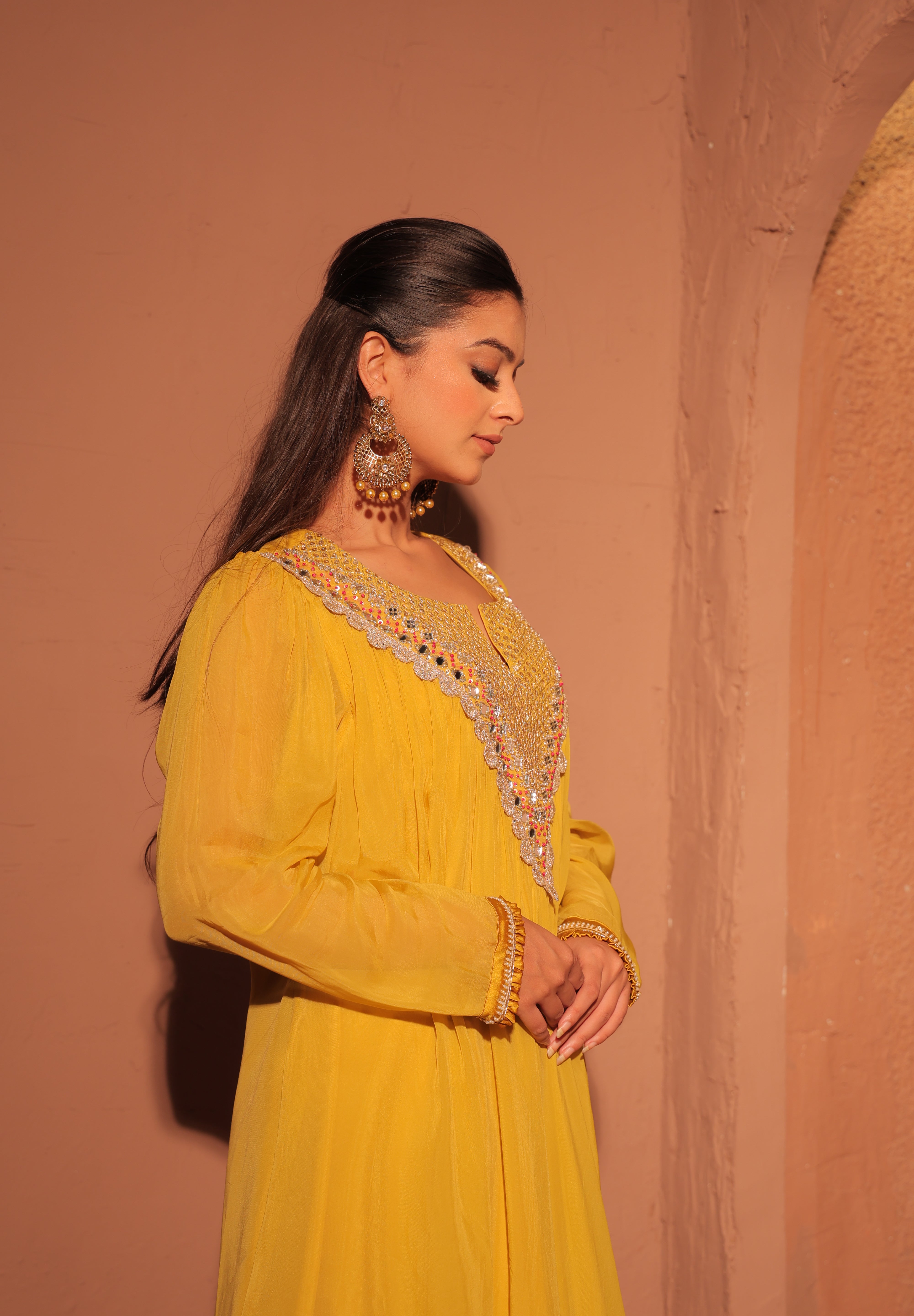 Mustard Yellow Mirror Embellished Set