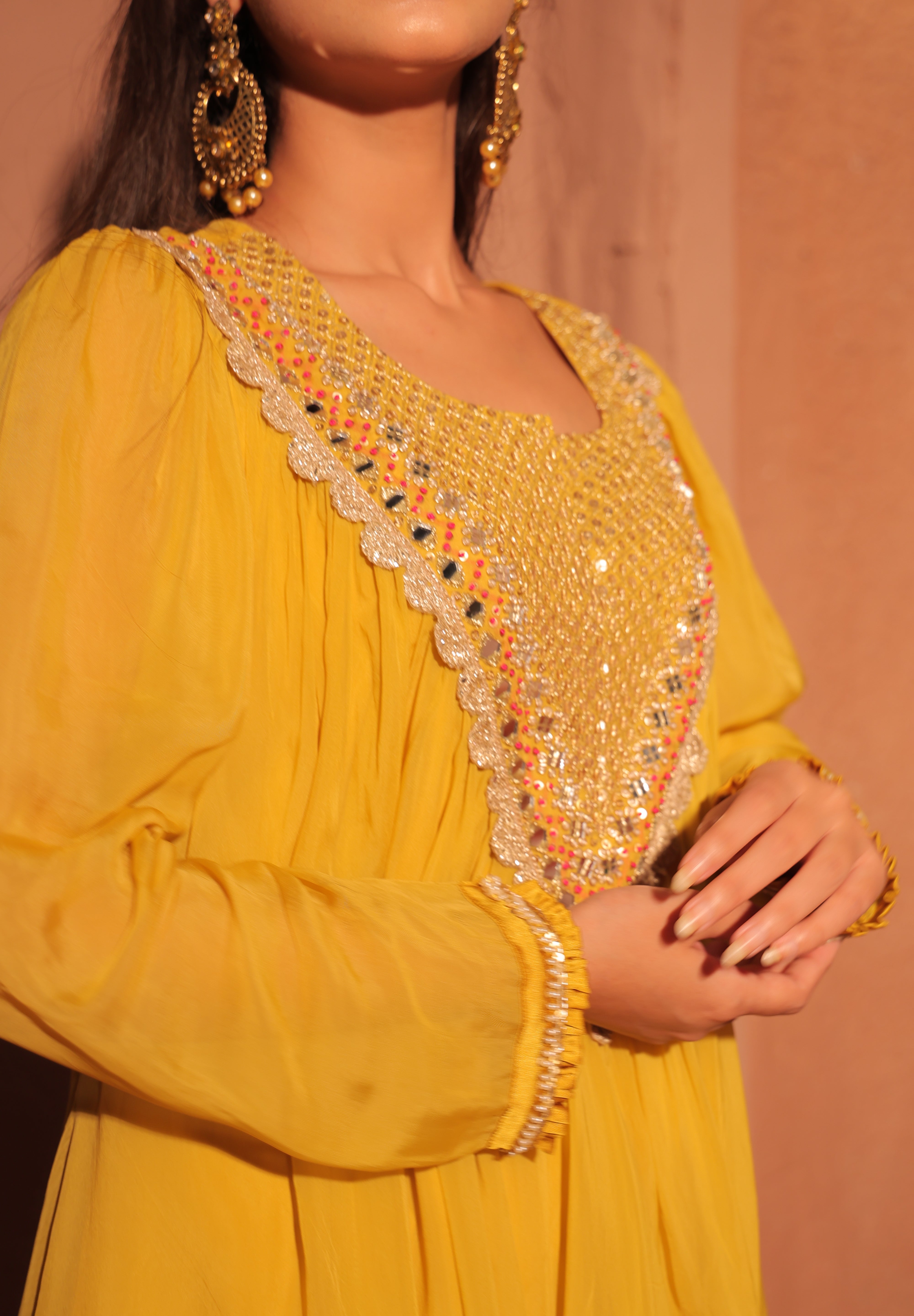 Mustard Yellow Mirror Embellished Set