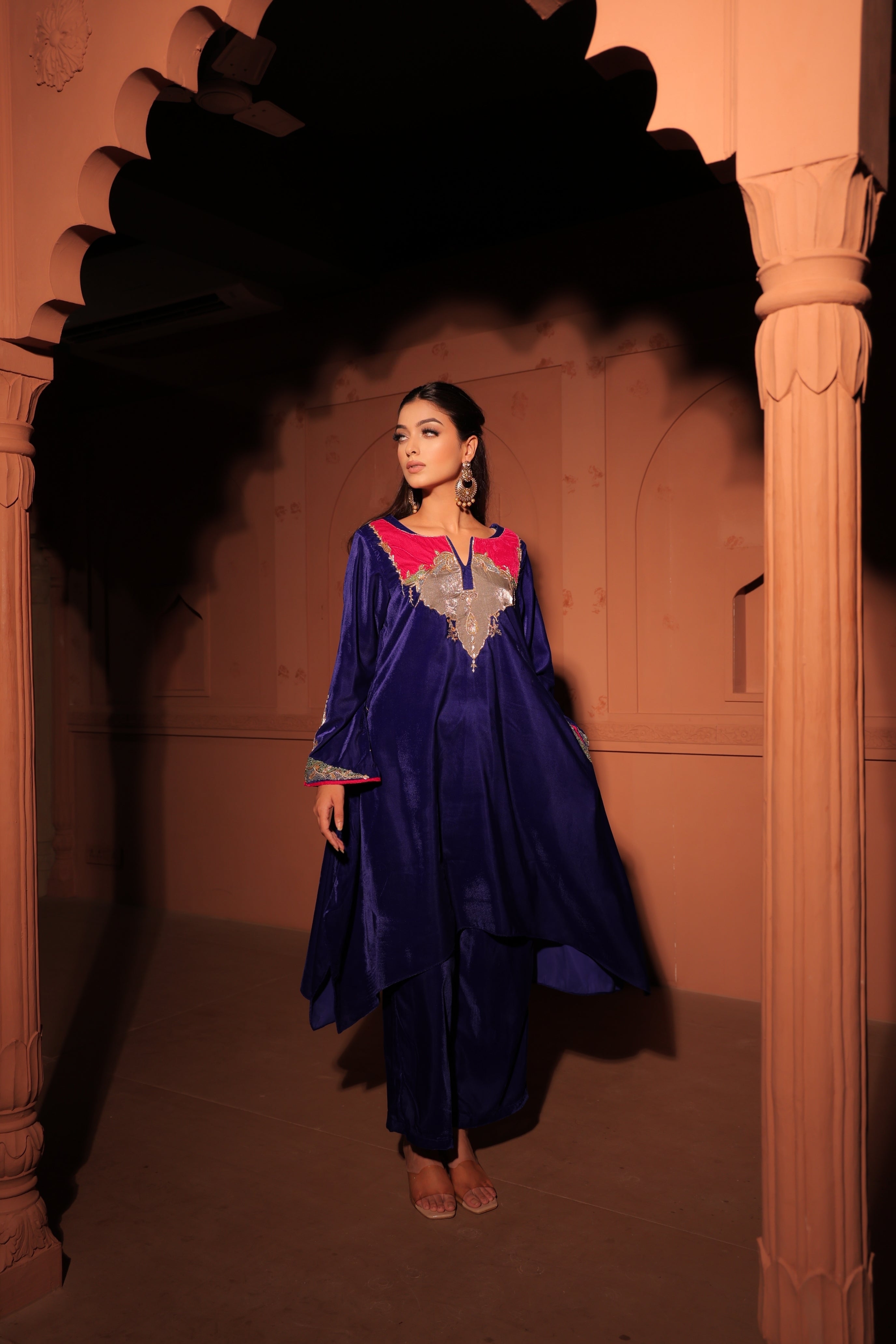 Blue Multicolor Embellished Velvet Kaftan