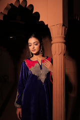 Blue Multicolor Embellished Velvet Kaftan