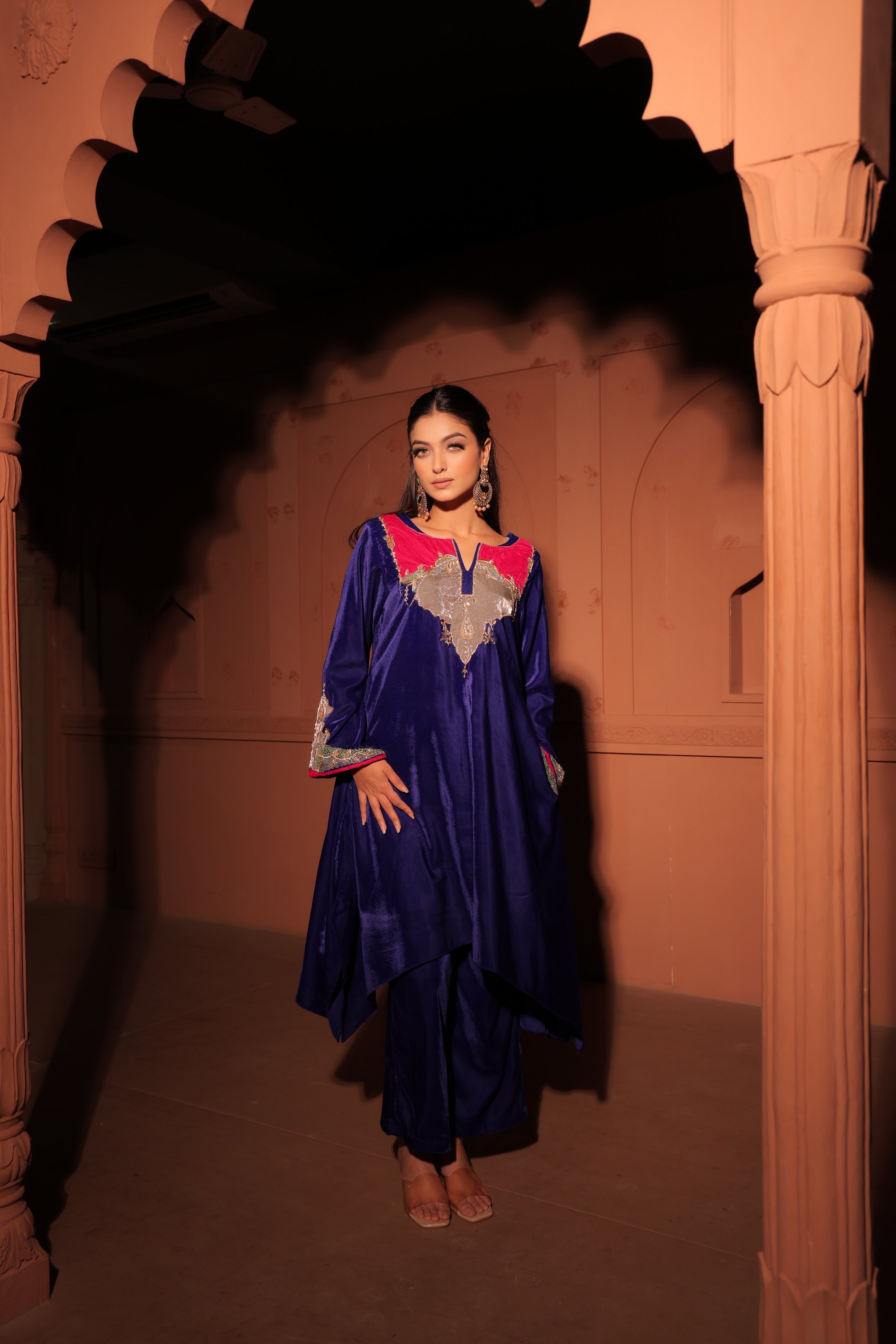 Blue Multicolor Embellished Velvet Kaftan