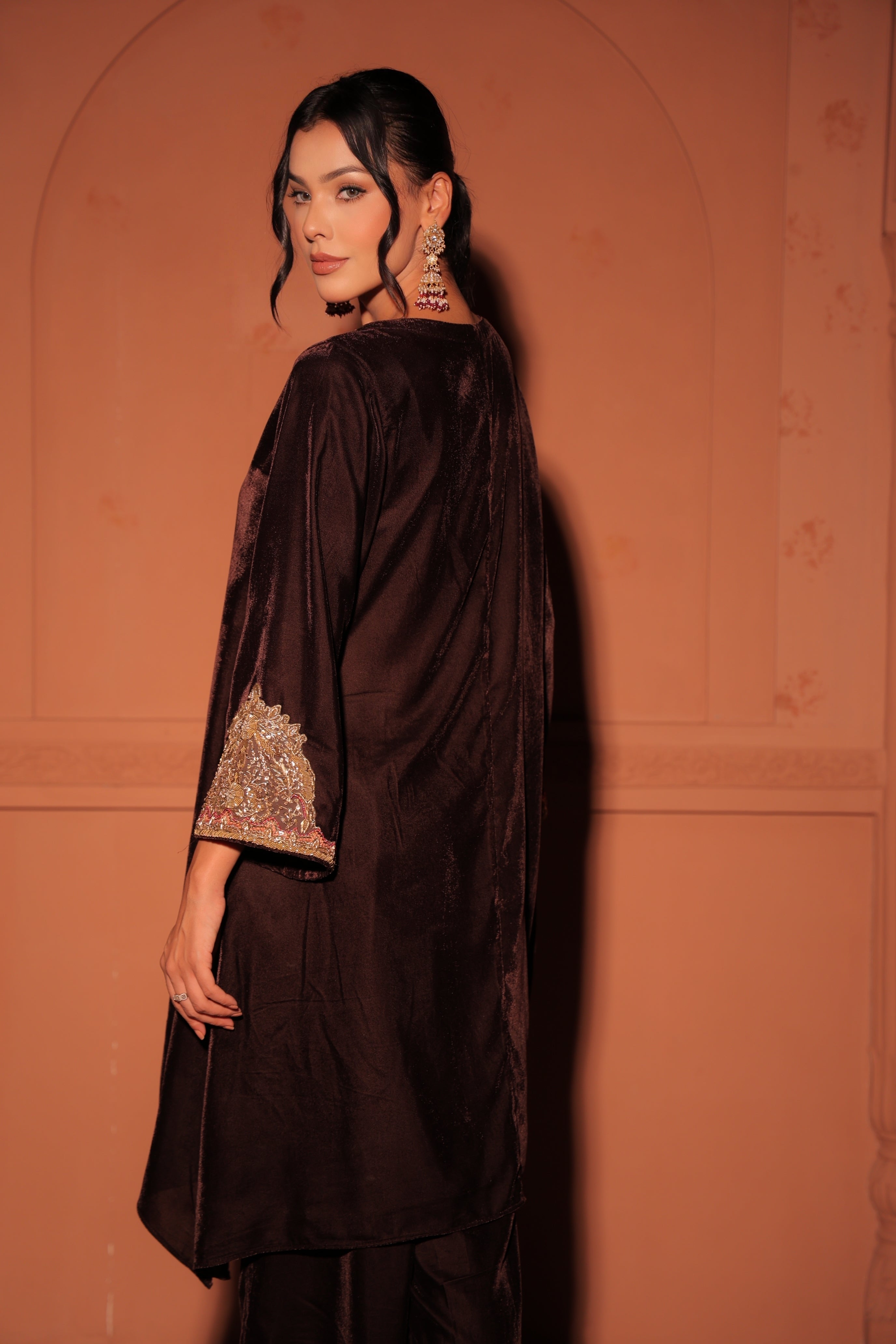 Brown Embroidered Velvet Kurta Set