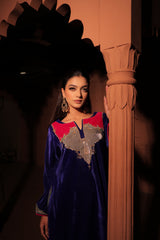 Blue Multicolor Embellished Velvet Kaftan