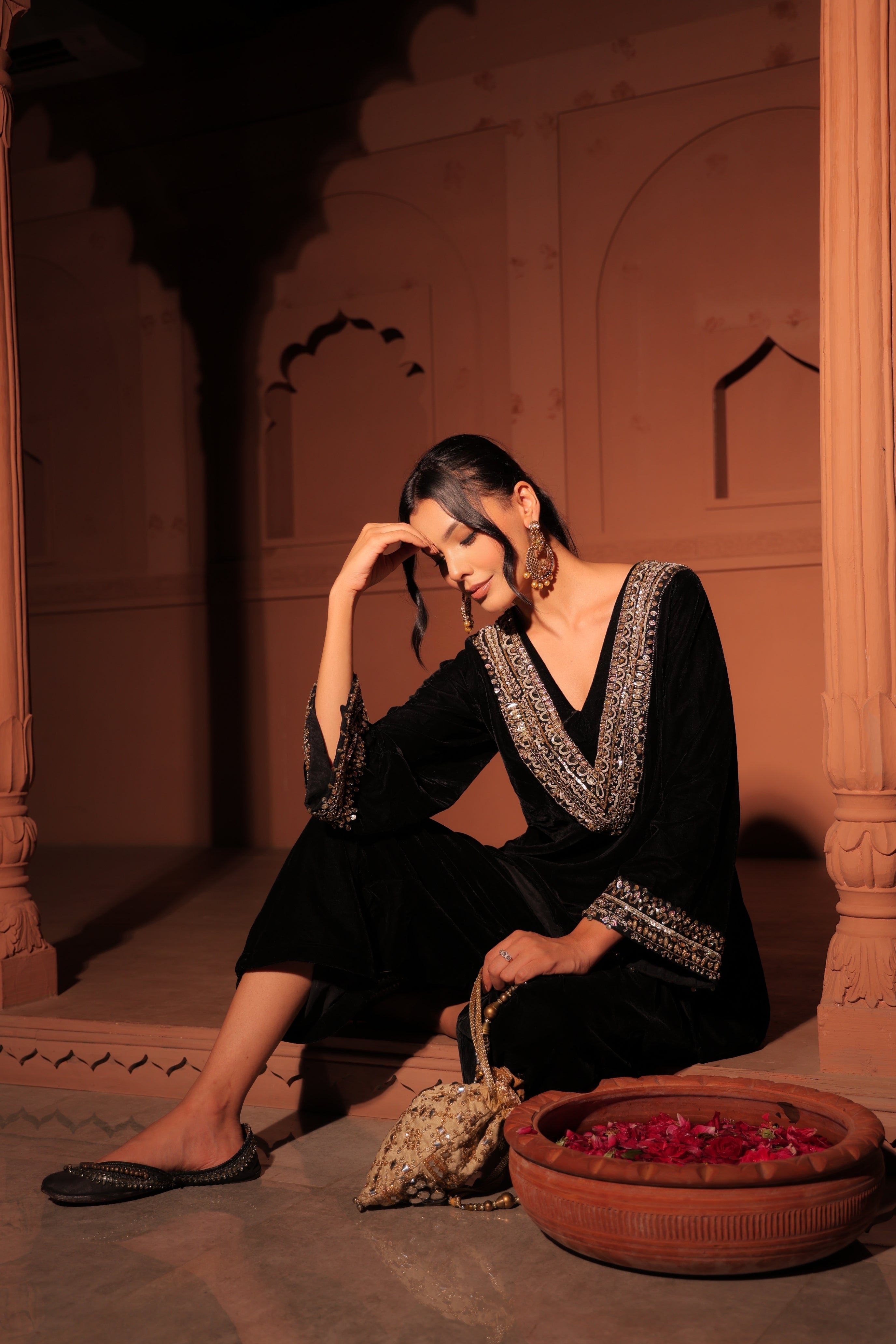 Black Embellished Velvet Kurta Set