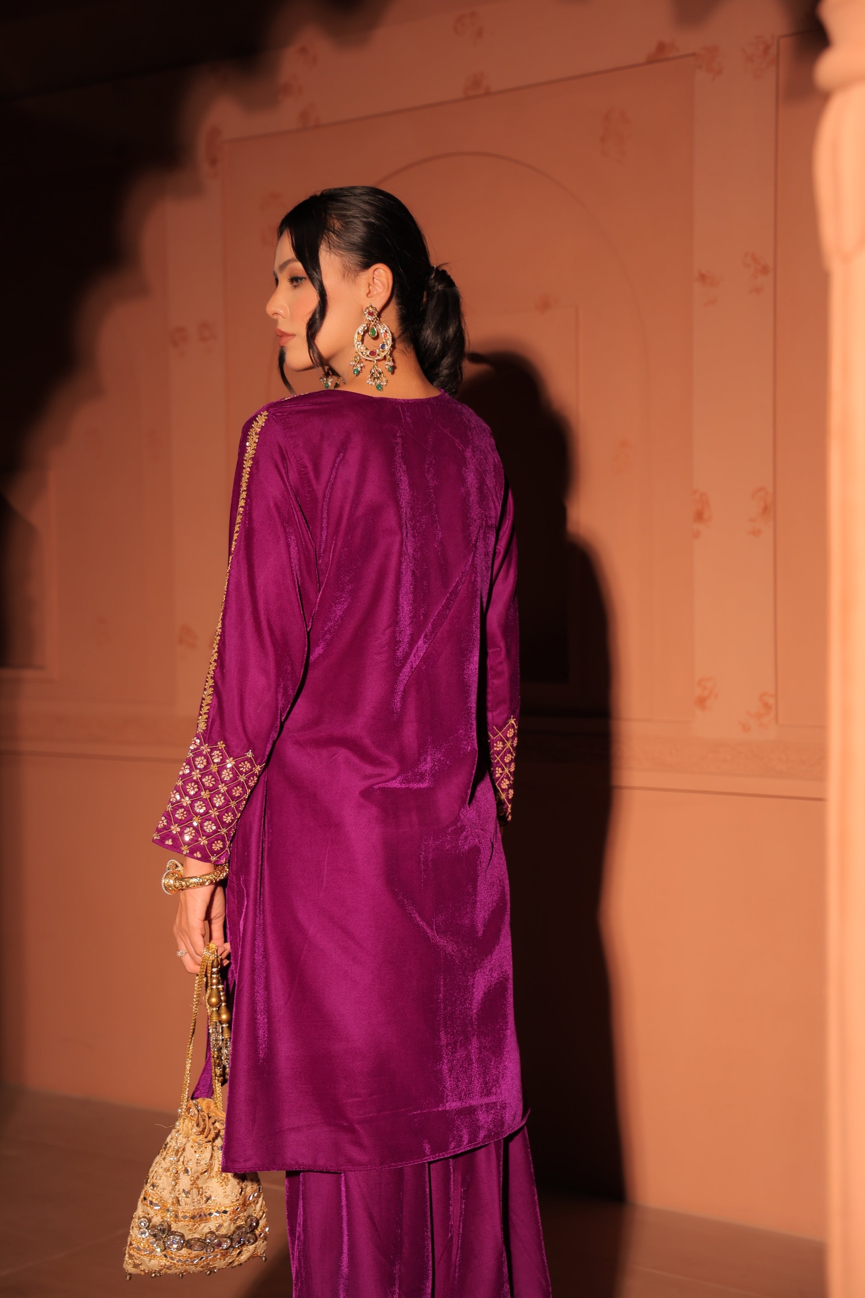 Purple Gold-Toned Embroidered Velvet Kurta Set