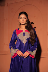 Blue Multicolor Embellished Velvet Kaftan