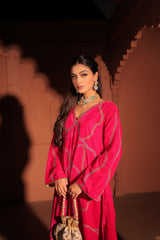 Pink Embroidered Velvet Kurta Set