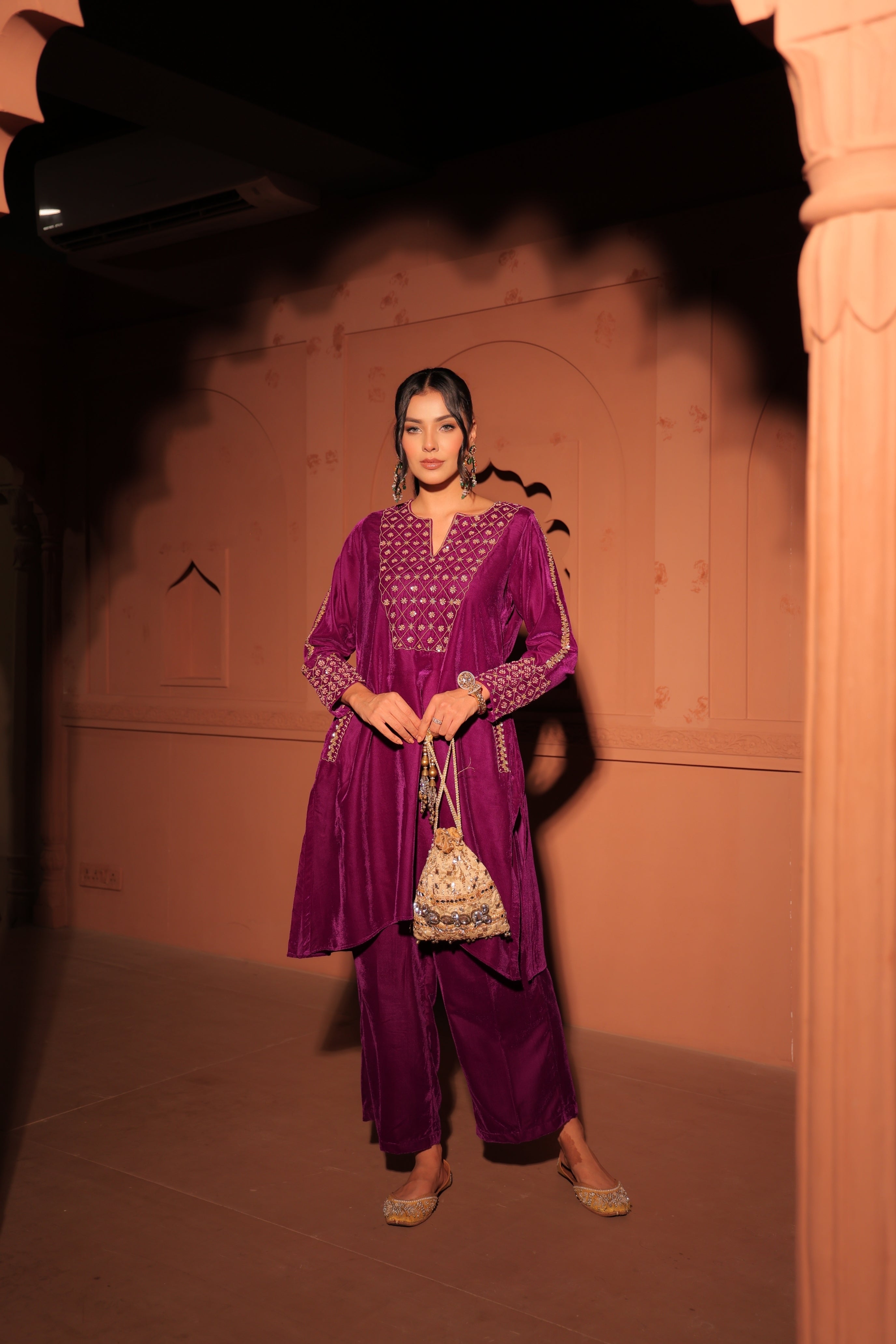 Purple Gold-Toned Embroidered Velvet Kurta Set