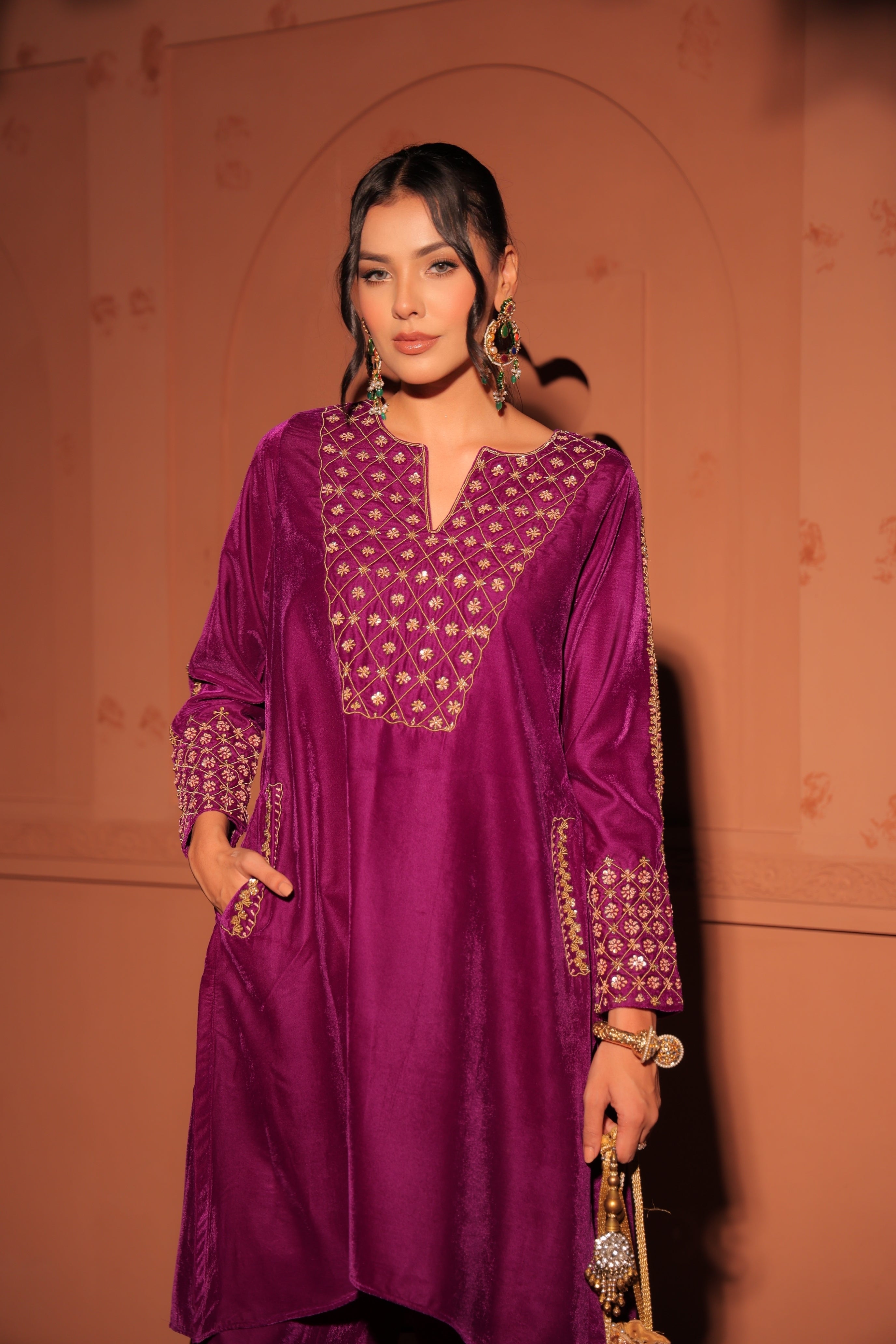 Purple Gold-Toned Embroidered Velvet Kurta Set