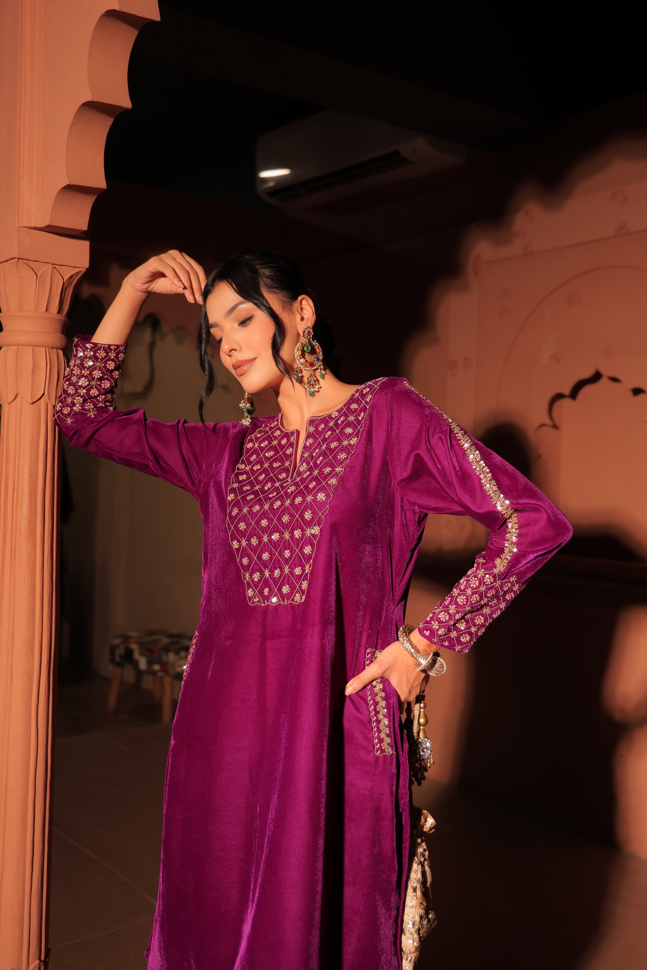 Purple Gold-Toned Embroidered Velvet Kurta Set