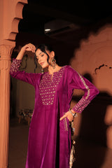 Purple Gold-Toned Embroidered Velvet Kurta Set