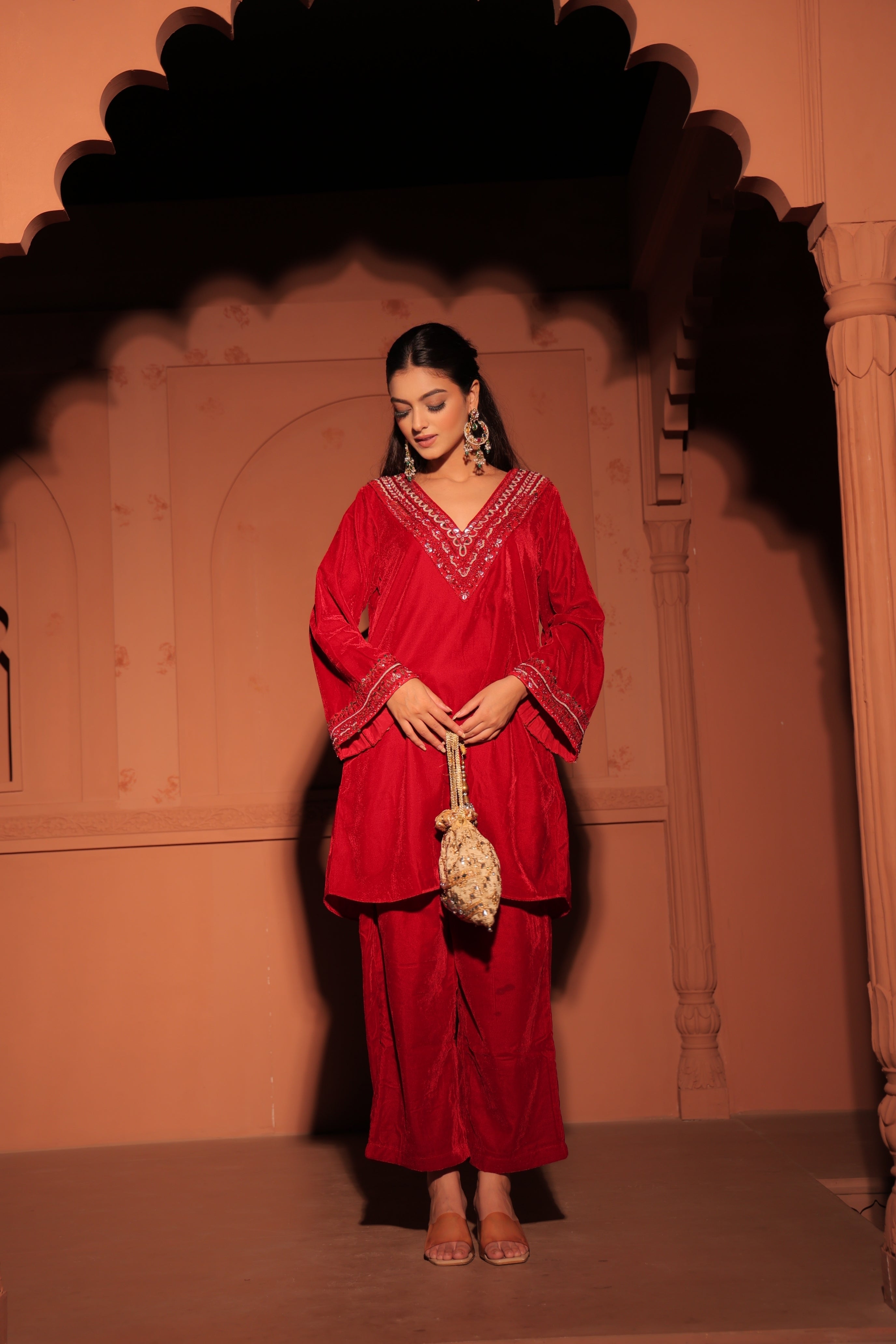 Red Sequined Velvet Kurta Set