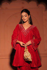 Red Sequined Velvet Kurta Set