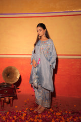 Sky Blue Hand-Embroidered Kaftan Set with Brocade Bottoms – Utsavya'24