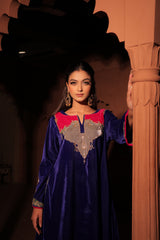 Blue Multicolor Embellished Velvet Kaftan