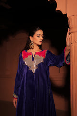 Blue Multicolor Embellished Velvet Kaftan