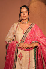 Ivory and Pink Banarasi Kurta Set