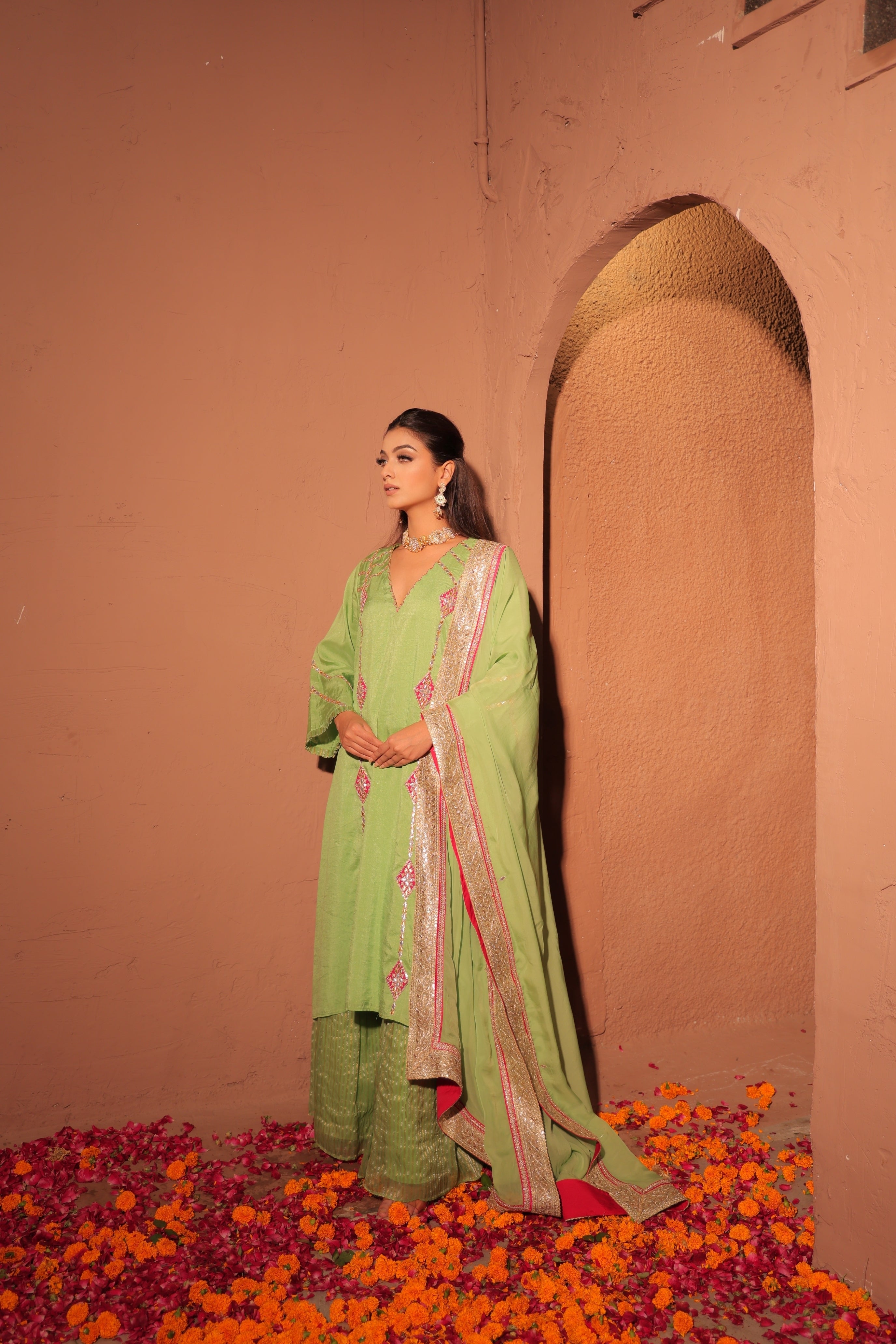 Pistachio Green Mirror Work Kurta Set