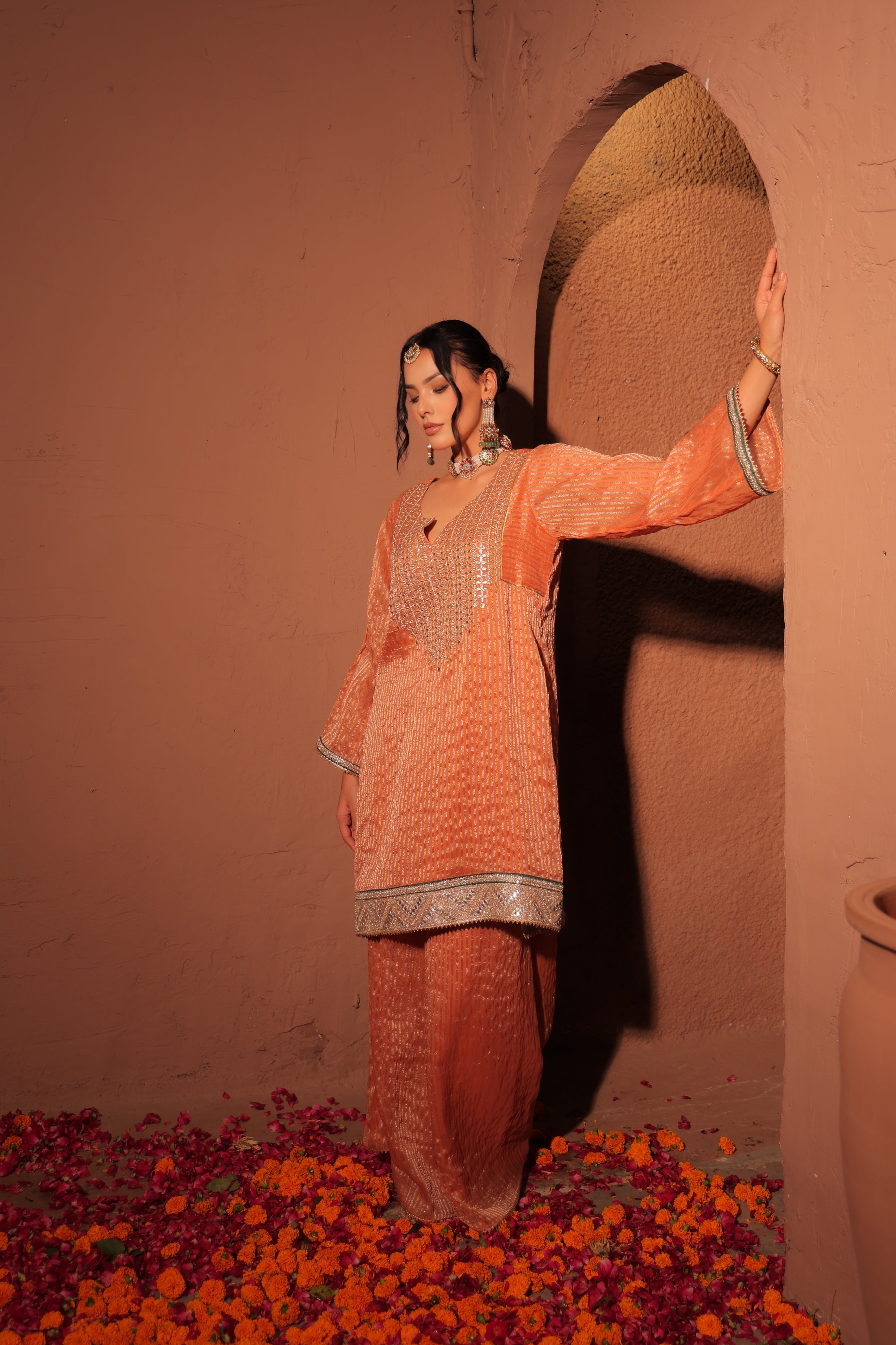 Rust Orange Hand Embroidered Kurta Set