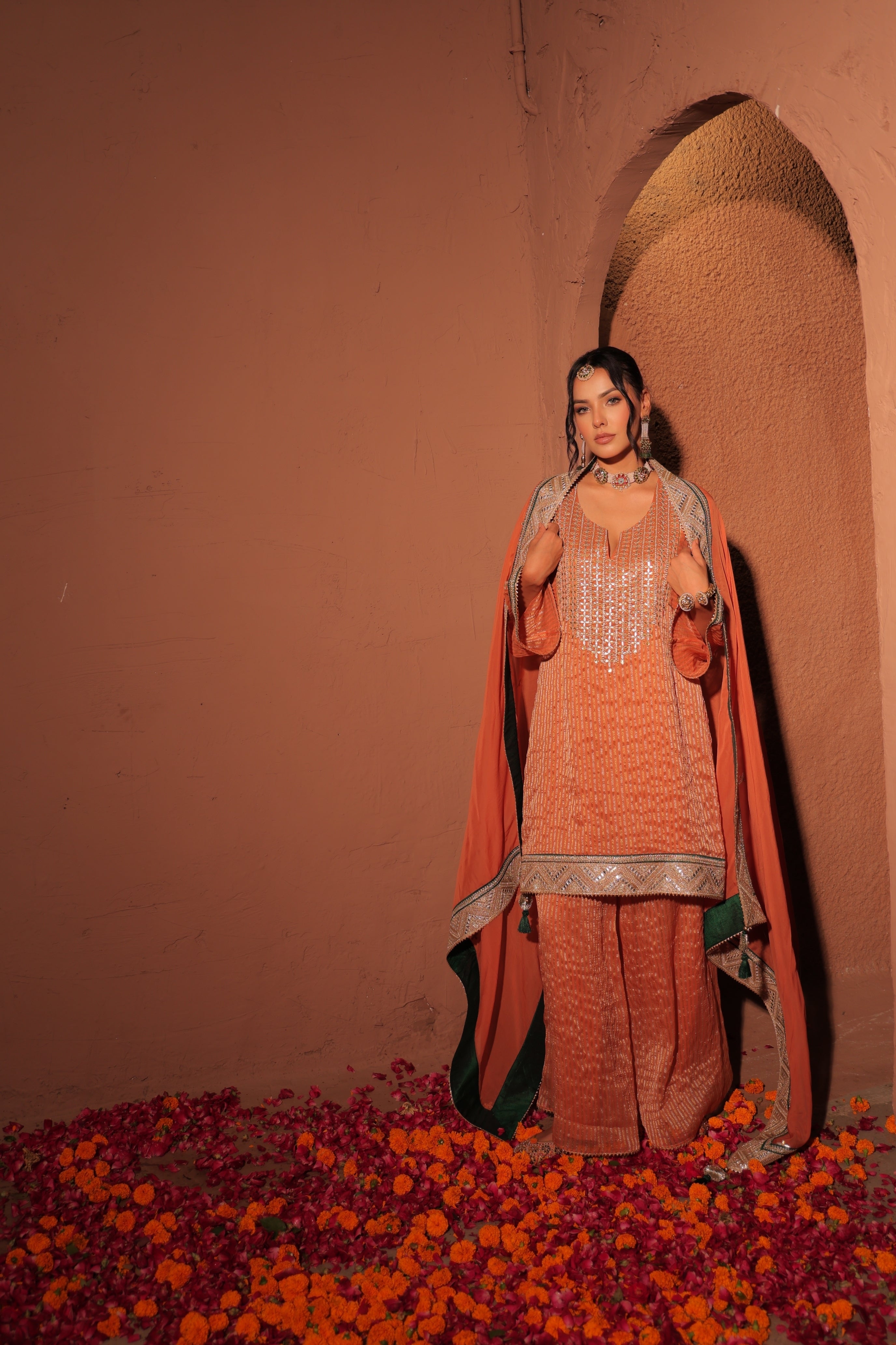 Rust Orange Hand Embroidered Kurta Set